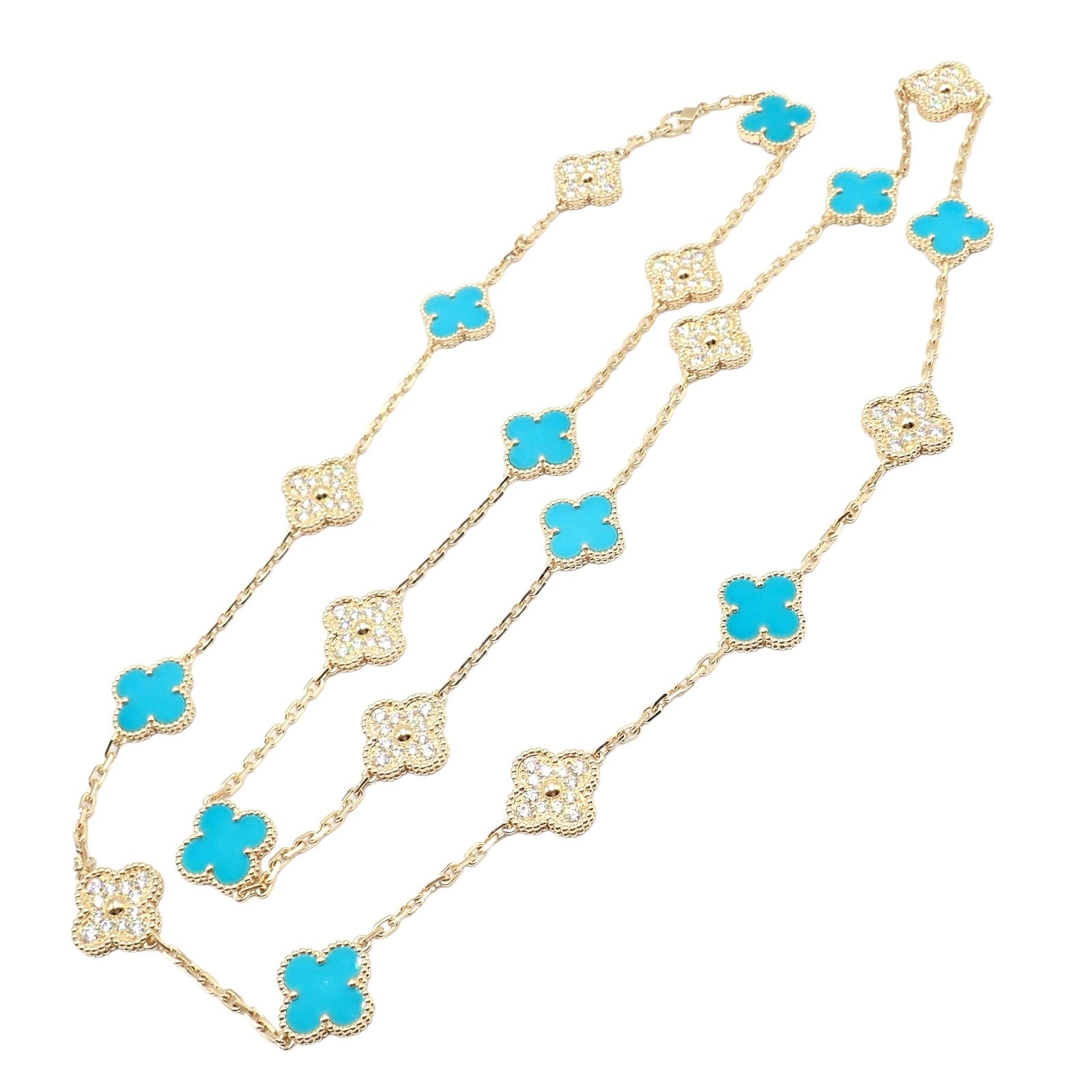 Van Cleef & Arpels 18k Yellow Gold 20 Motif Alhambra Diamond Turquoise Necklace | Fortrove