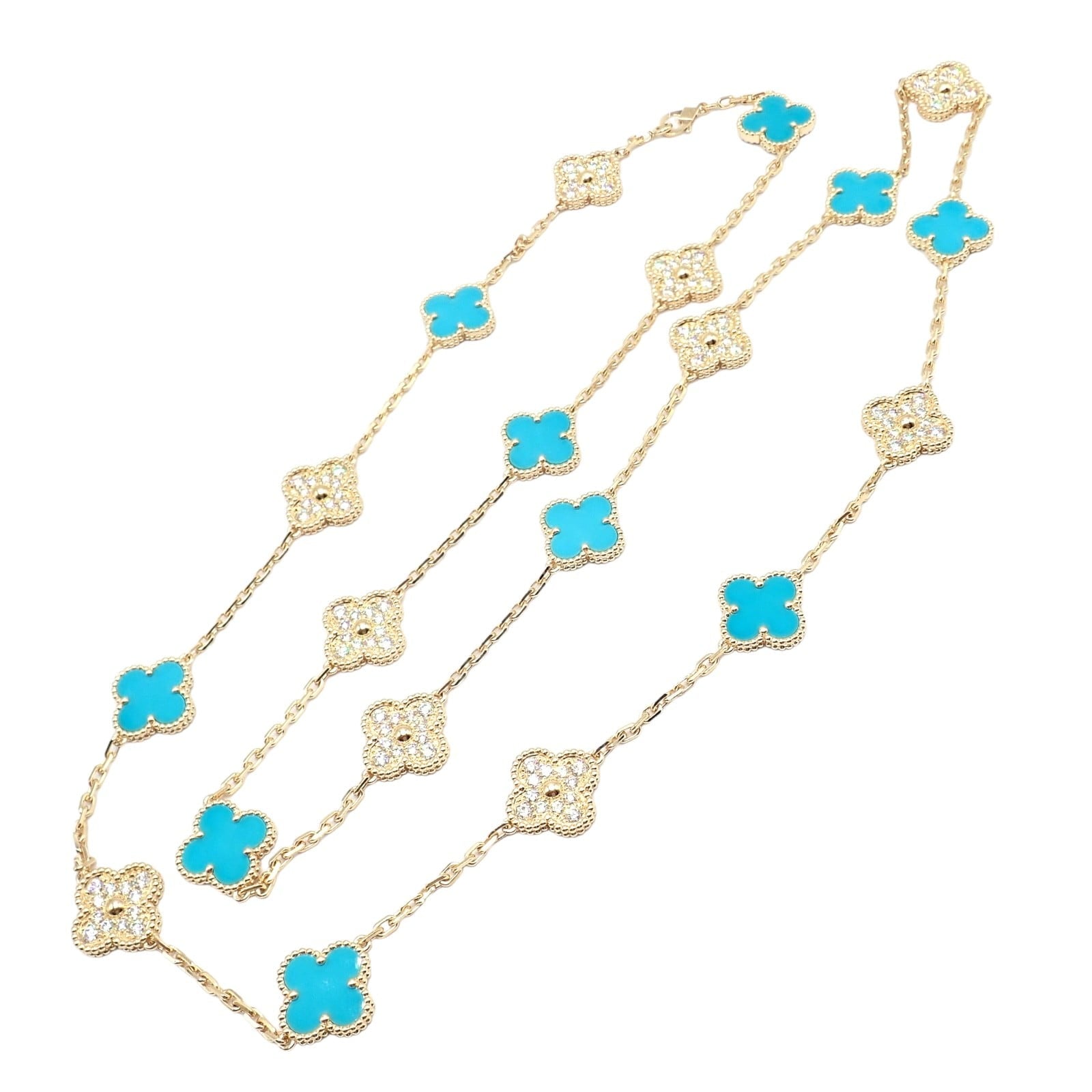 Van Cleef & Arpels Jewelry & Watches:Fine Jewelry:Necklaces & Pendants Van Cleef & Arpels 18k Yellow Gold 20 Motif Alhambra Diamond Turquoise Necklace