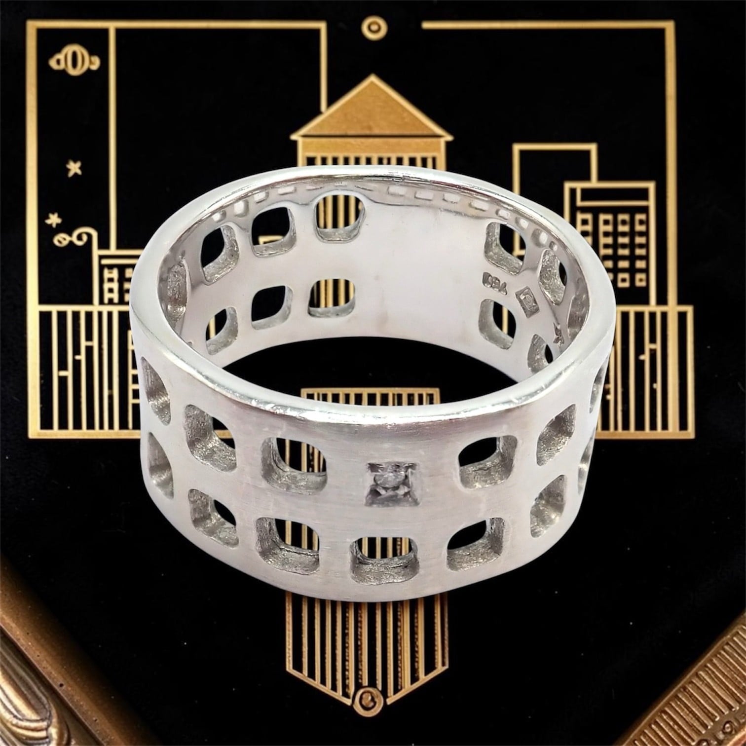 H.Stern Jewelry & Watches:Fine Jewelry:Rings Authentic! H. Stern 18k White Gold Diamond Square Hole Modernist Band Ring sz 6