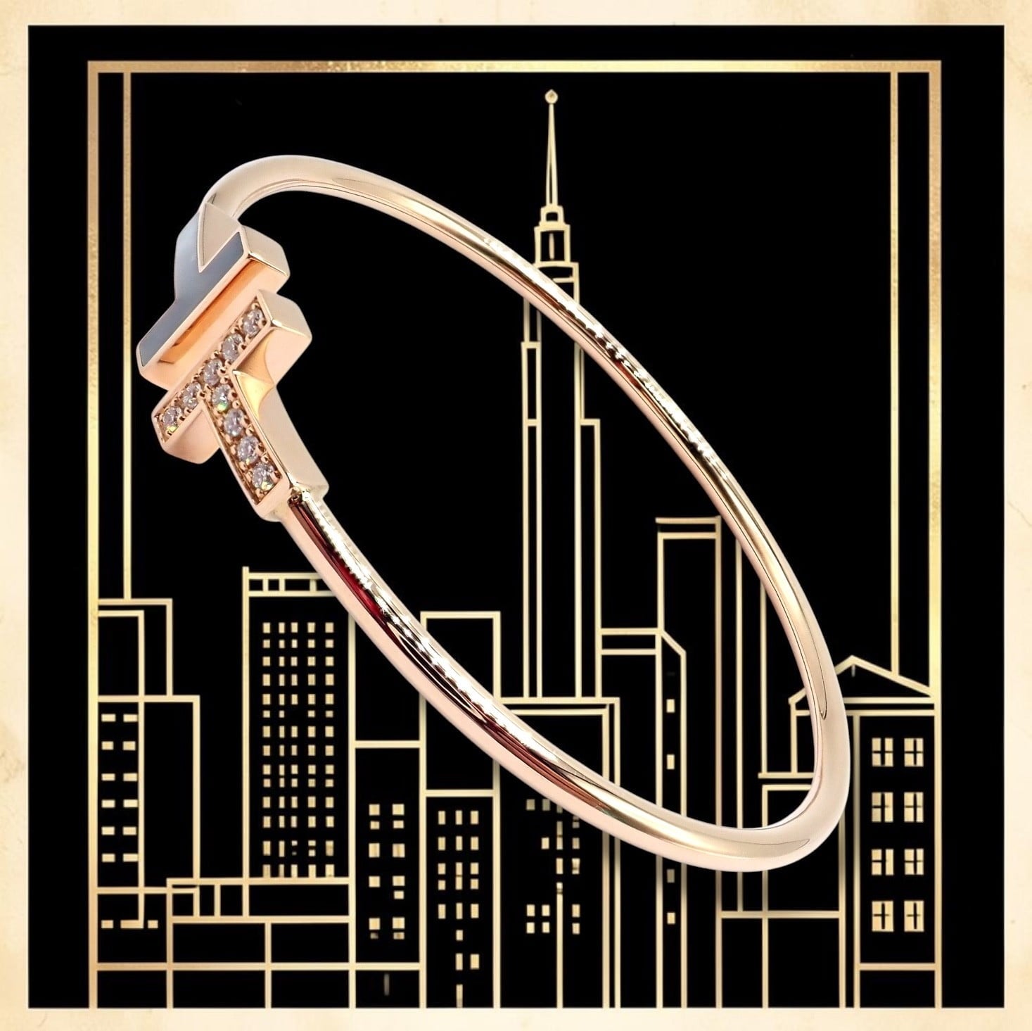 Authentic! Tiffany & Co 18k Yellow Gold Diamond T Wire Mother of Pearl Bracelet | Fortrove