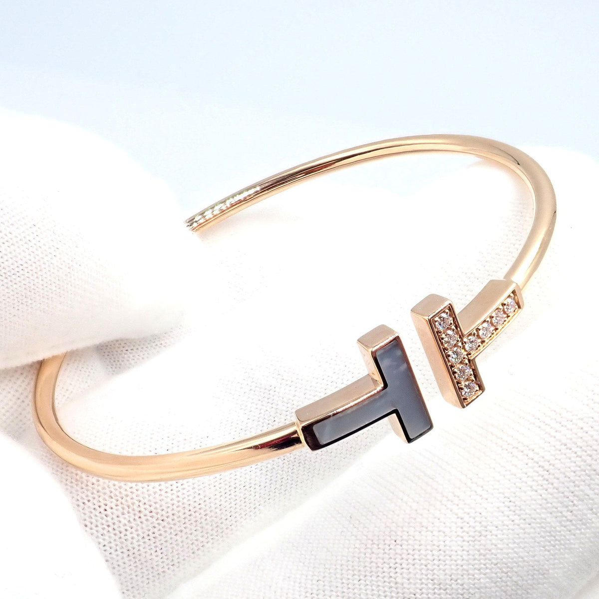 Tiffany & Co. Jewelry & Watches:Fine Jewelry:Bracelets & Charms Authentic! Tiffany & Co 18k Rose Gold Diamond T Wire Mother of Pearl Bracelet