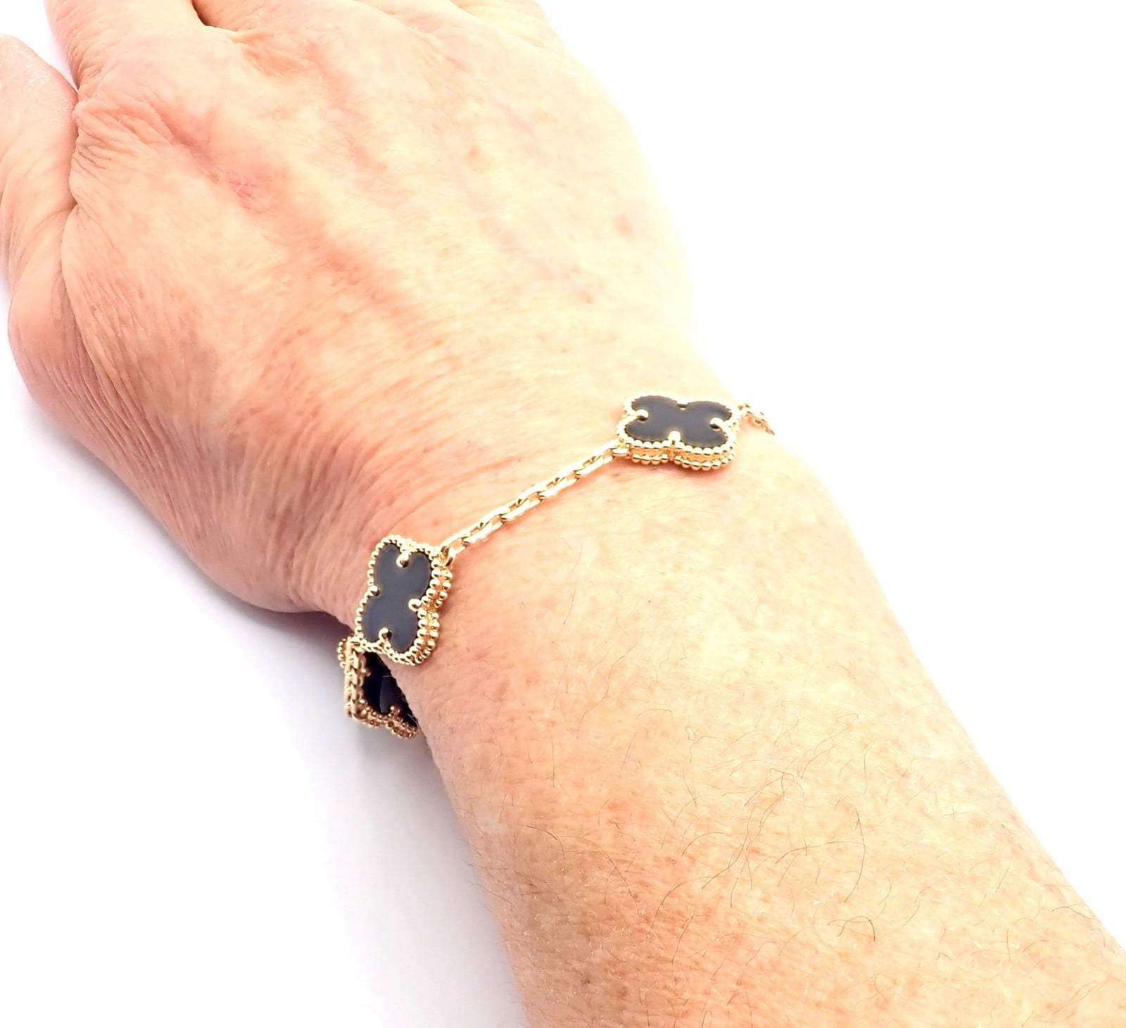 Authentic! Van Cleef & Arpels 18k Yellow Gold 5 Motif Onyx Alhambra Bracelet | Fortrove