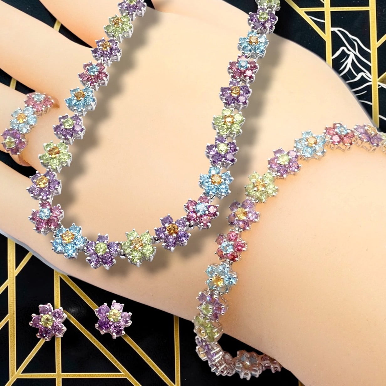Estate Jewelry & Watches:Fine Jewelry:Jewelry Sets Estate 18k White Gold Color Stone Flower Necklace Ring Bracelet Earrings Set 52g