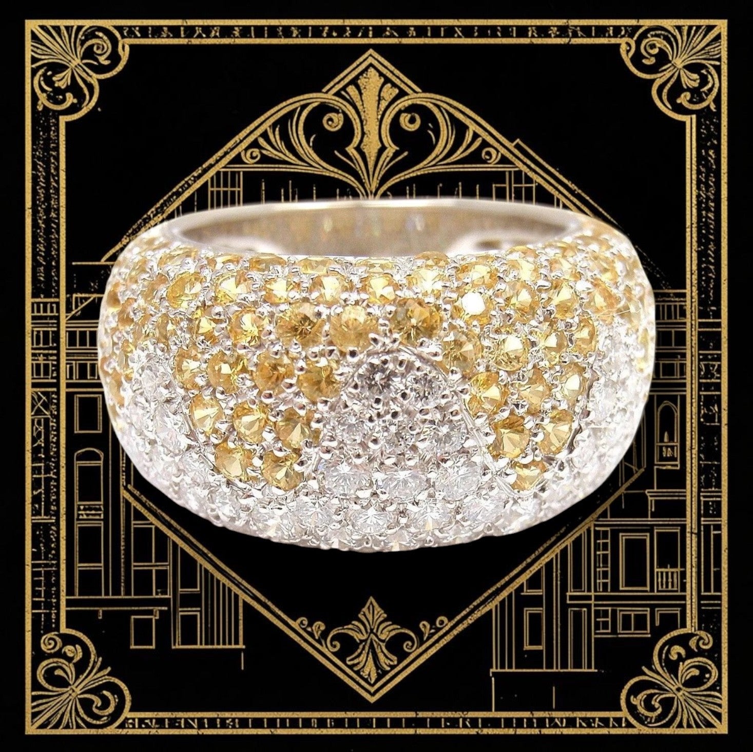 Authentic! Chopard 18k White Gold Yellow Sapphire Diamond Wave Wide Band Ring | Fortrove