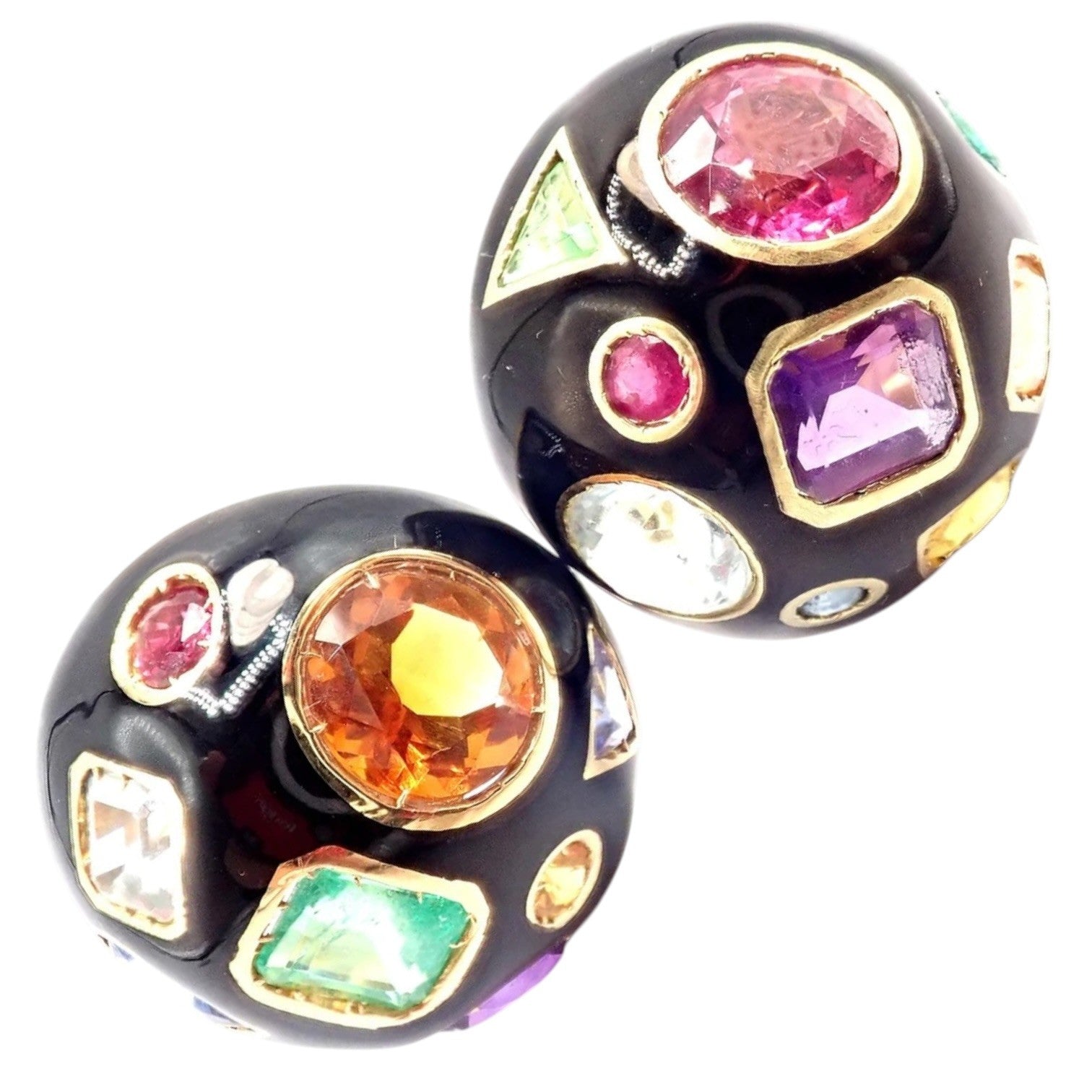 Authentic! Verdura Fulco 18k Yellow Gold Color Stone Black Enamel Earrings | Fortrove
