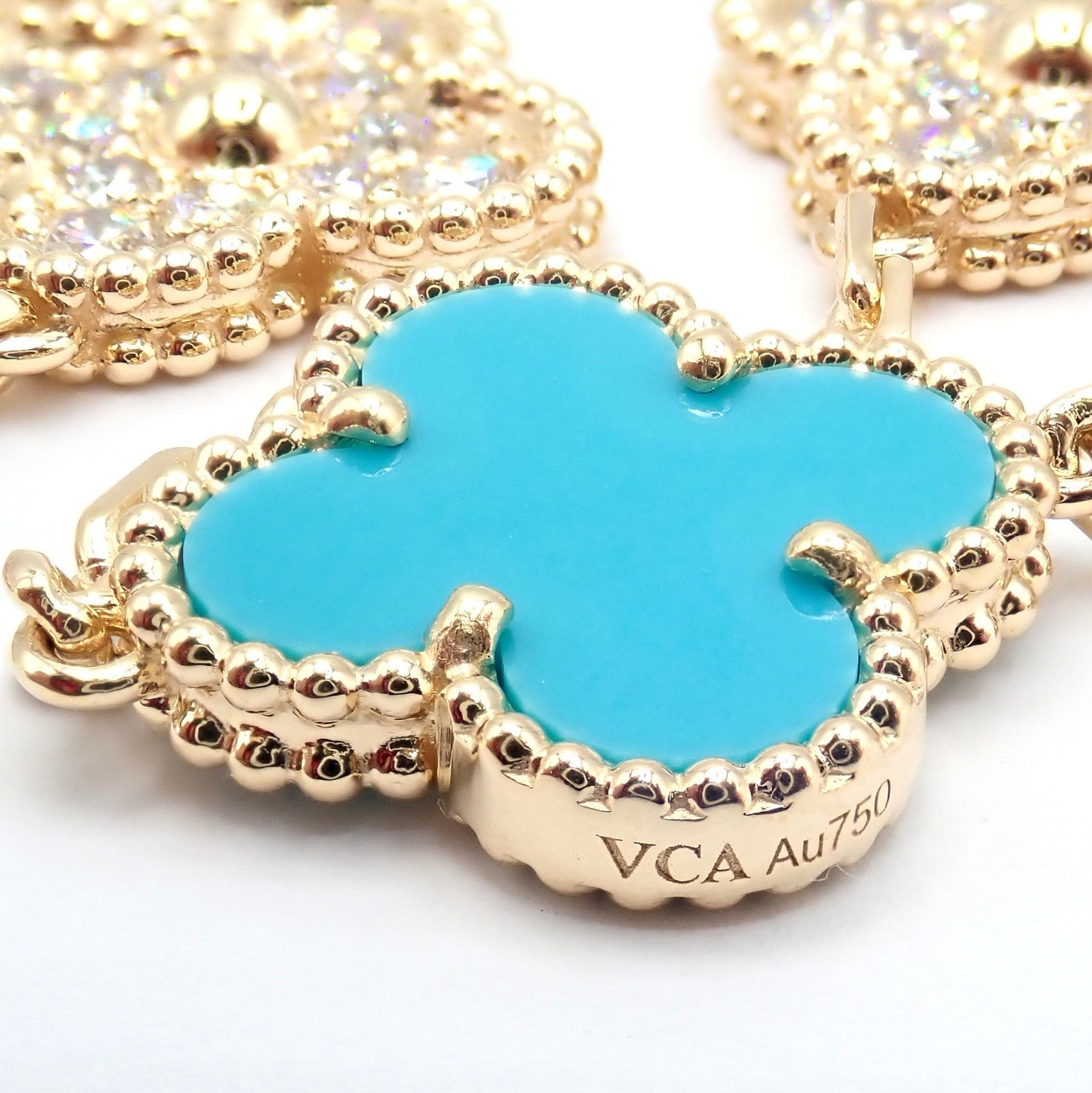 Van Cleef & Arpels 18k Yellow Gold 20 Motif Alhambra Diamond Turquoise Necklace | Fortrove
