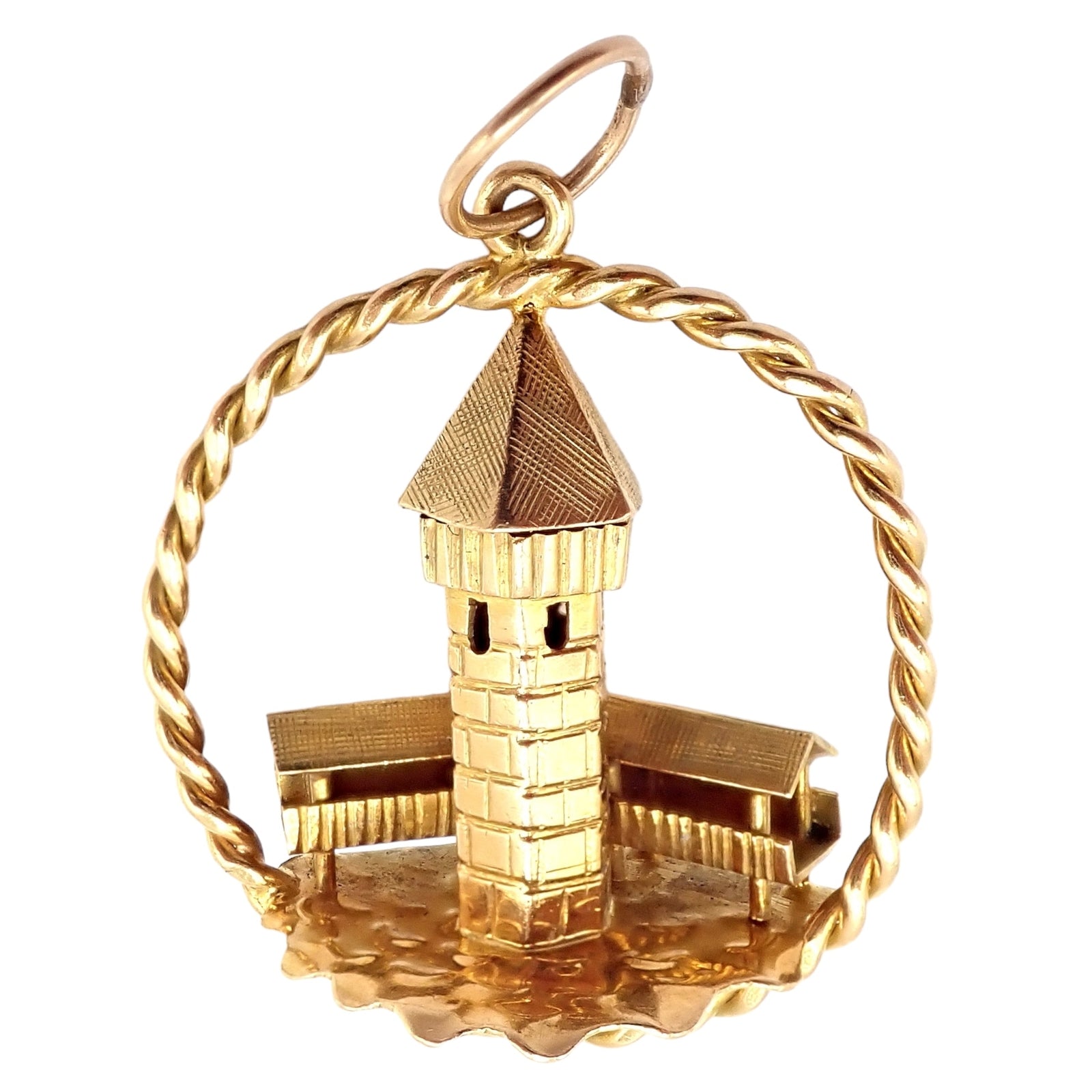 Rare! Vintage Gubelin 18k Yellow Gold Wooden Chapel Bridge Tower Charm Pendant | Fortrove