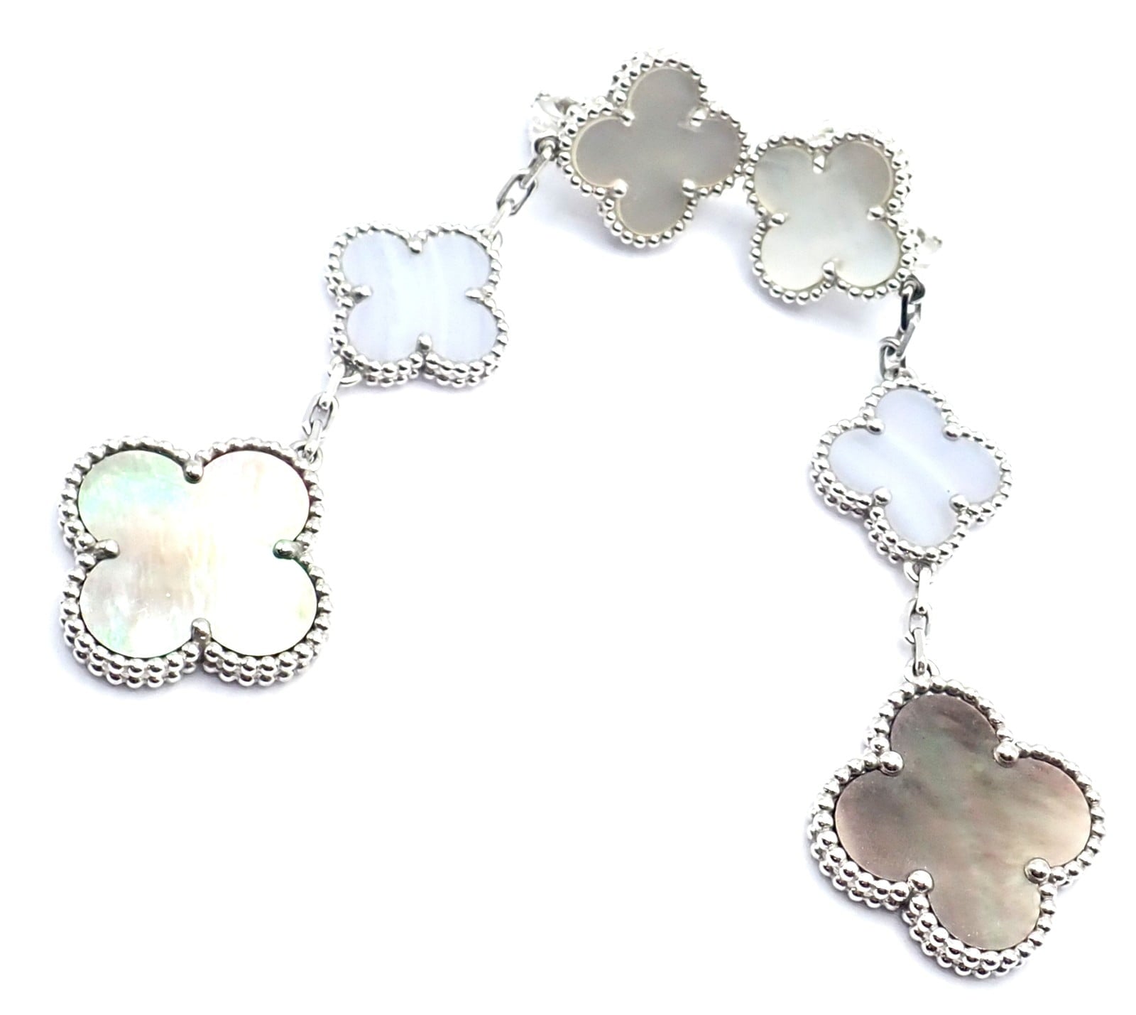 Van Cleef & Arpels Jewelry & Watches:Fine Jewelry:Earrings Van Cleef & Arpels 18k White Gold Magic Alhambra MOP Chalcedony Earrings Cert.