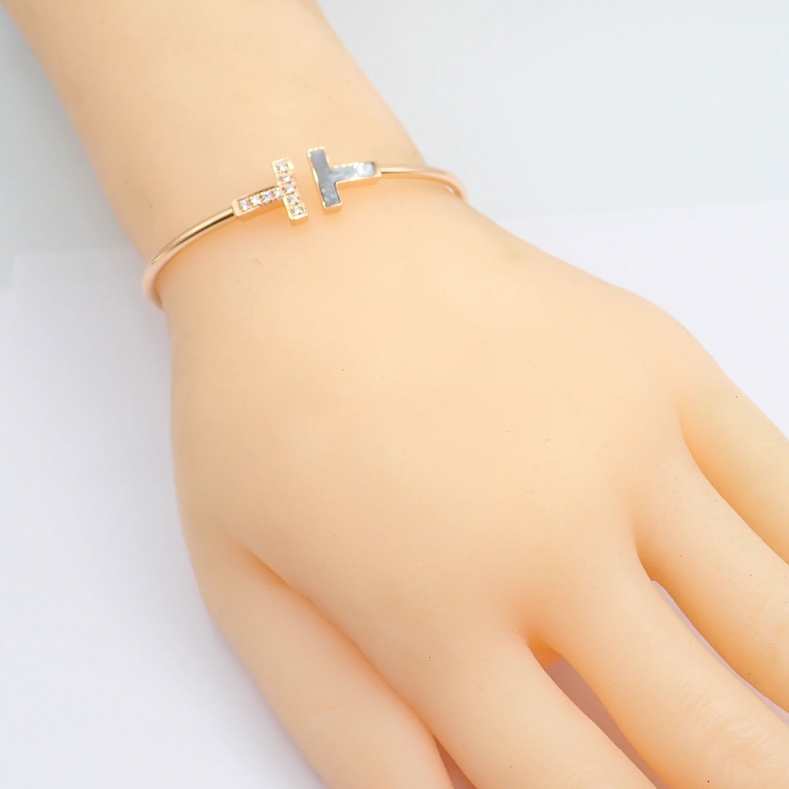 Authentic! Tiffany & Co 18k Yellow Gold Diamond T Wire Mother of Pearl Bracelet | Fortrove