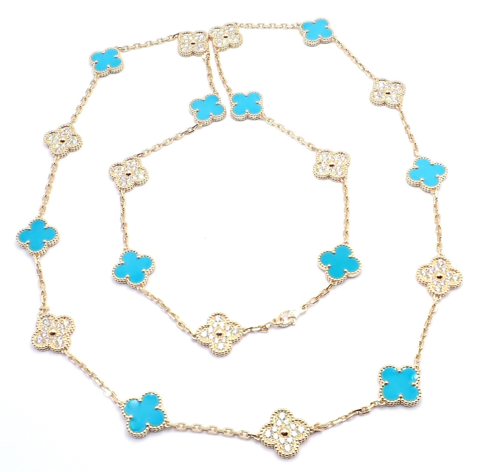 Van Cleef & Arpels 18k Yellow Gold 20 Motif Alhambra Diamond Turquoise Necklace | Fortrove