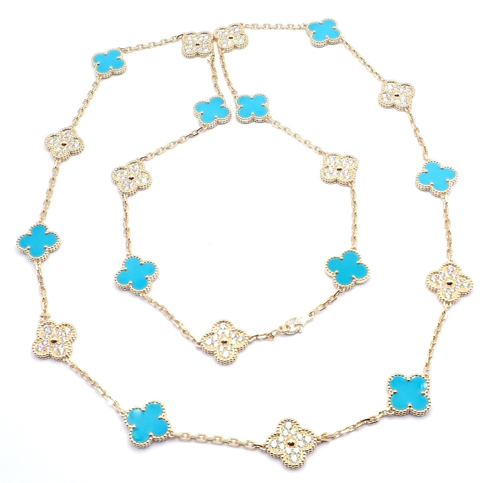 Van Cleef & Arpels Jewelry & Watches:Fine Jewelry:Necklaces & Pendants Van Cleef & Arpels 18k Yellow Gold 20 Motif Alhambra Diamond Turquoise Necklace