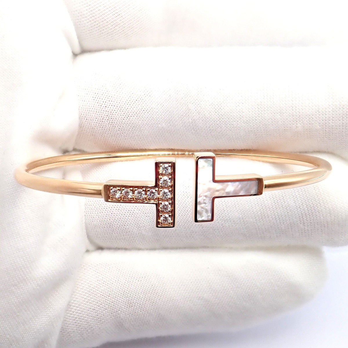 Tiffany & Co. Jewelry & Watches:Fine Jewelry:Bracelets & Charms Authentic! Tiffany & Co 18k Rose Gold Diamond T Wire Mother of Pearl Bracelet