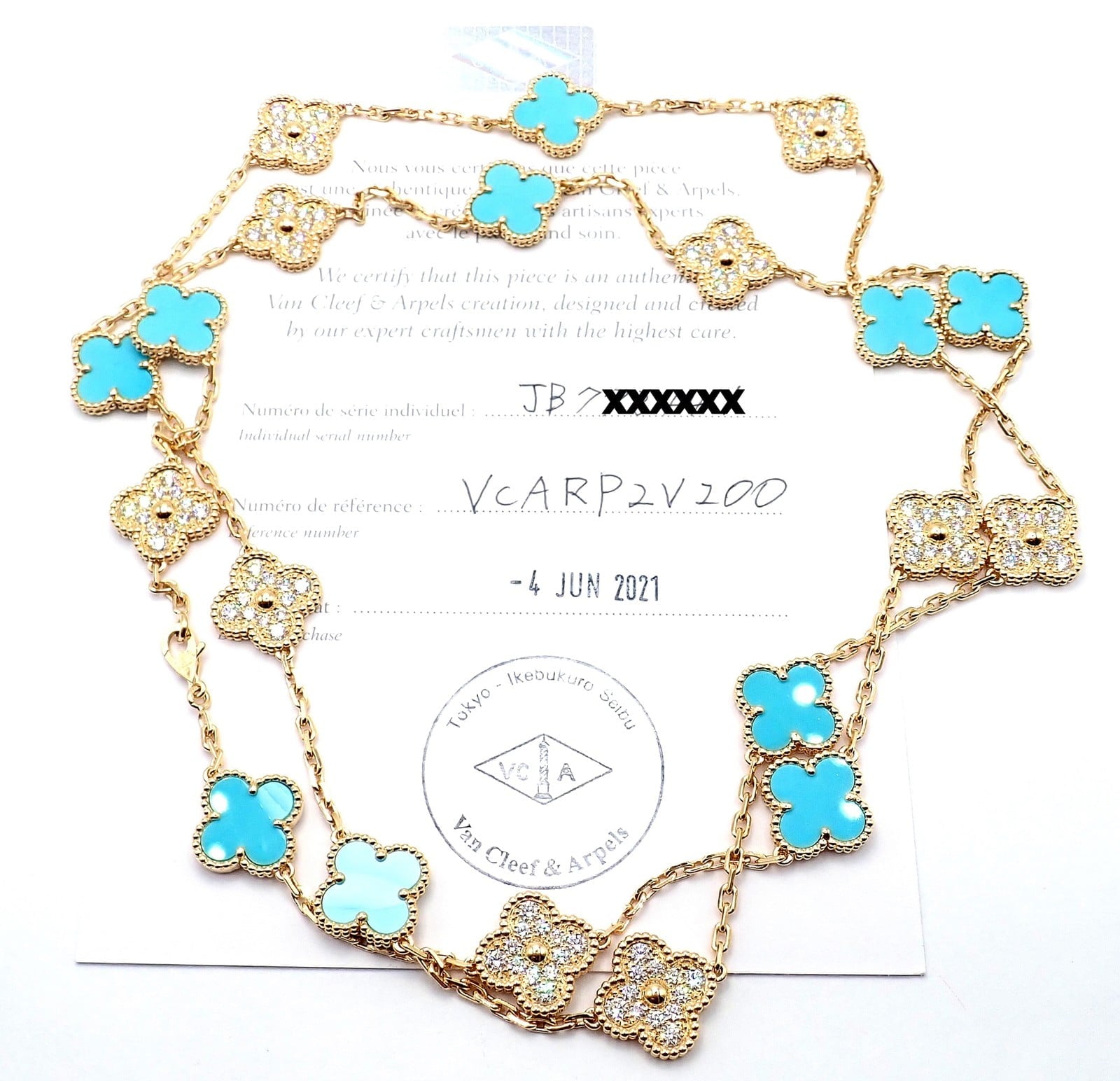 Van Cleef & Arpels Jewelry & Watches:Fine Jewelry:Necklaces & Pendants Van Cleef & Arpels 18k Yellow Gold 20 Motif Alhambra Diamond Turquoise Necklace