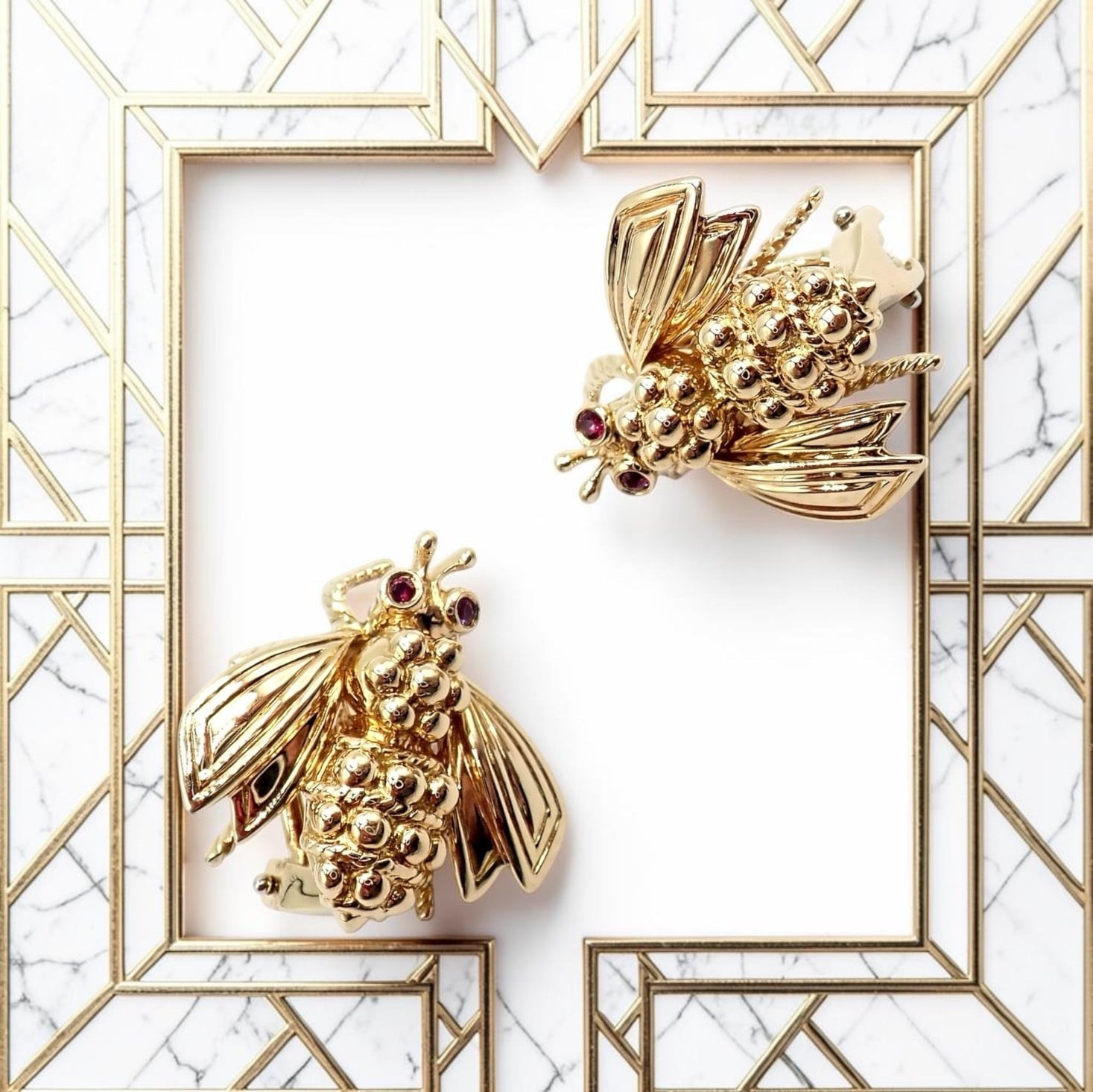 Rare! Vintage Tiffany & Co 18k Yellow Gold Ruby Bee Insect Earrings | Fortrove