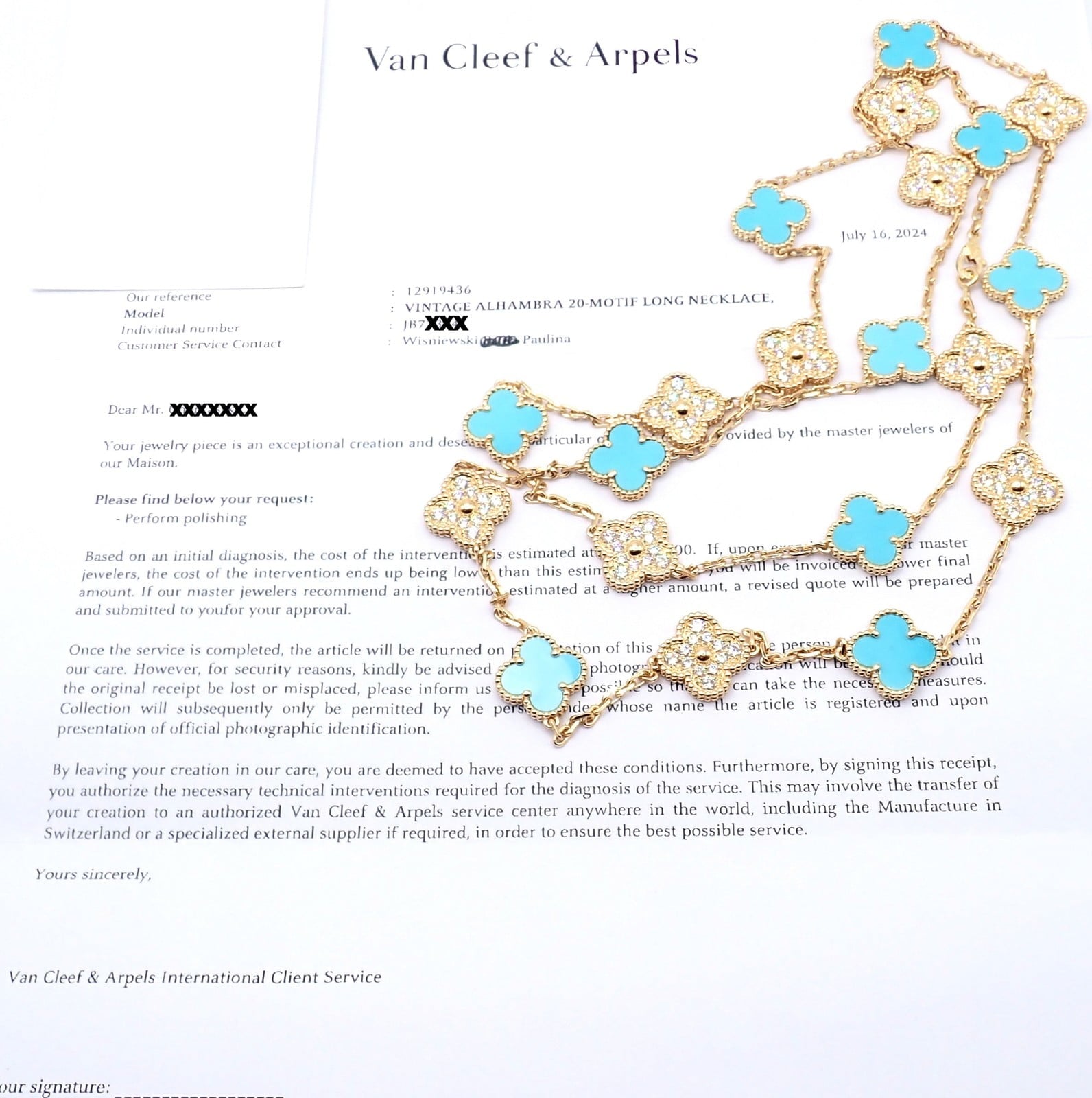 Van Cleef & Arpels Jewelry & Watches:Fine Jewelry:Necklaces & Pendants Van Cleef & Arpels 18k Yellow Gold 20 Motif Alhambra Diamond Turquoise Necklace