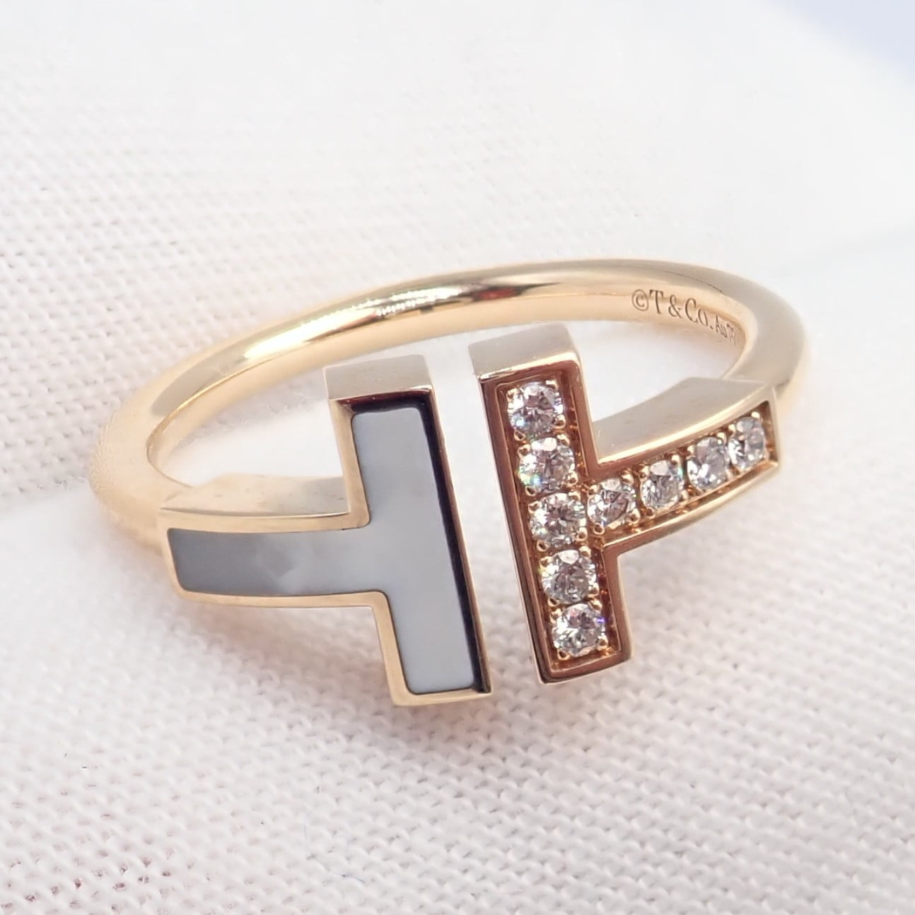 Tiffany & Co. Jewelry & Watches:Fine Jewelry:Rings Authentic Tiffany & Co. 18k Yellow Gold Diamond Mother of Pearl T Wire Ring sz 6