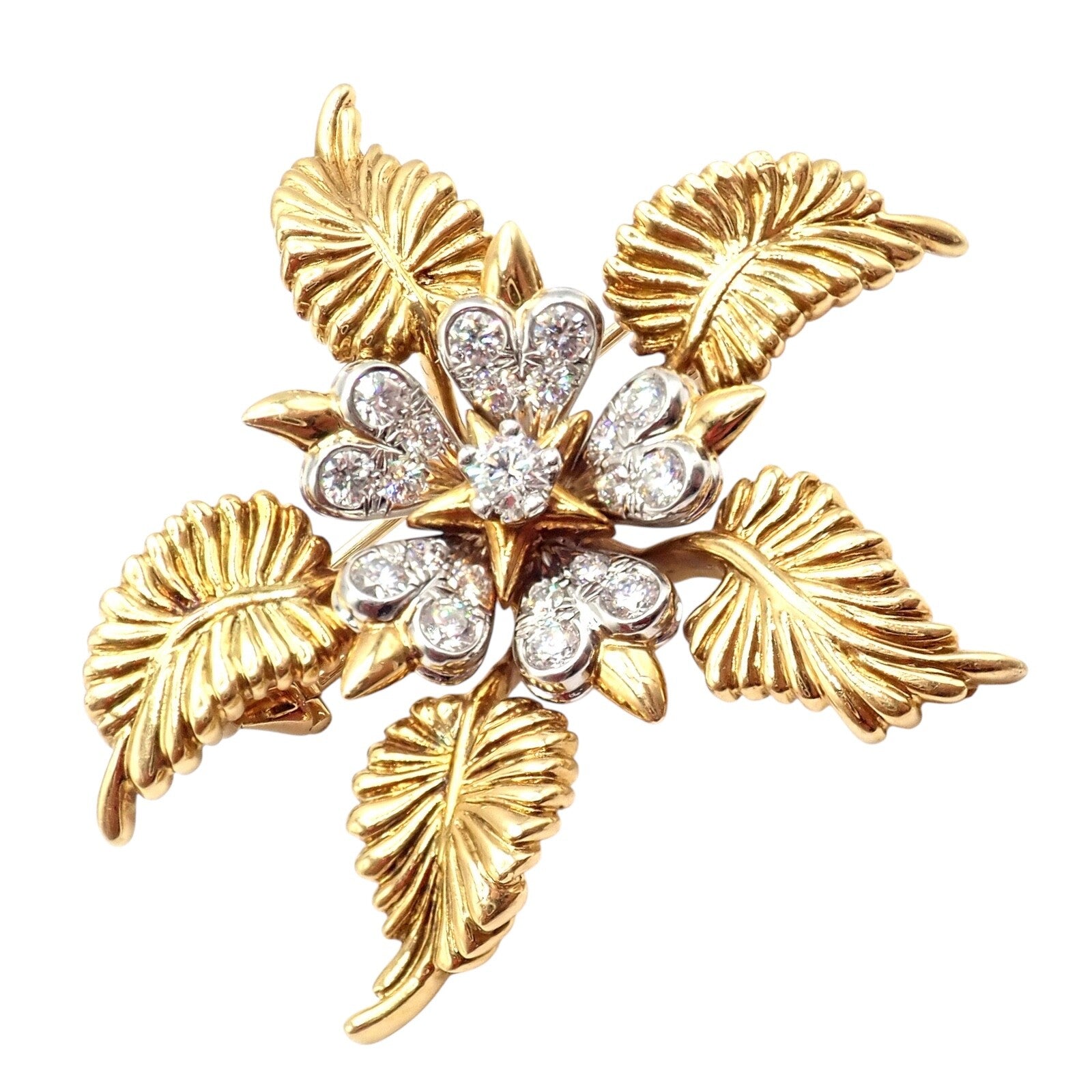 Tiffany & Co Schlumberger 18k Yellow Gold Platinum Diamond 5 Leaf Pin Brooch | Fortrove
