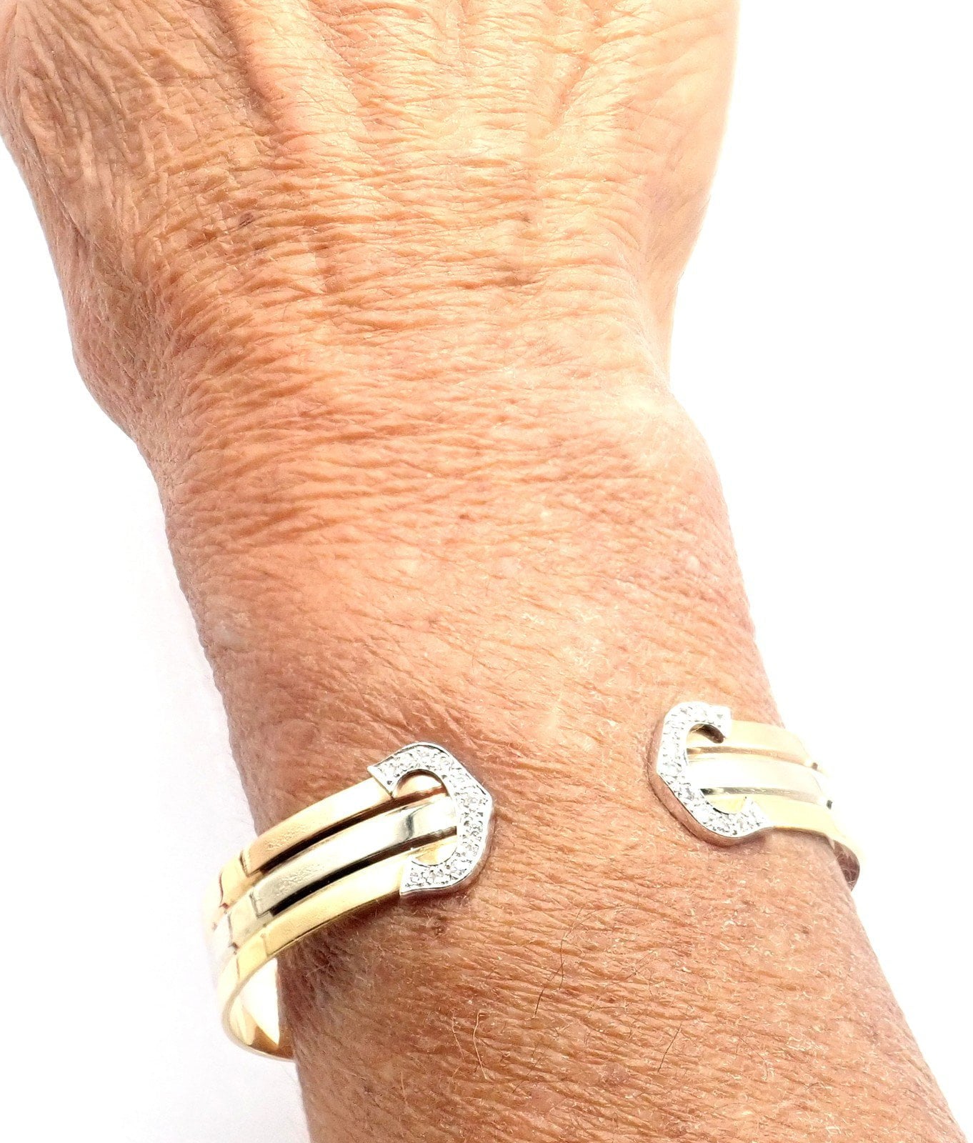 Cartier Jewelry & Watches:Fine Jewelry:Bracelets & Charms Authentic! Cartier 18k Tri-Color Gold Diamond Double C Cuff Bangle Bracelet