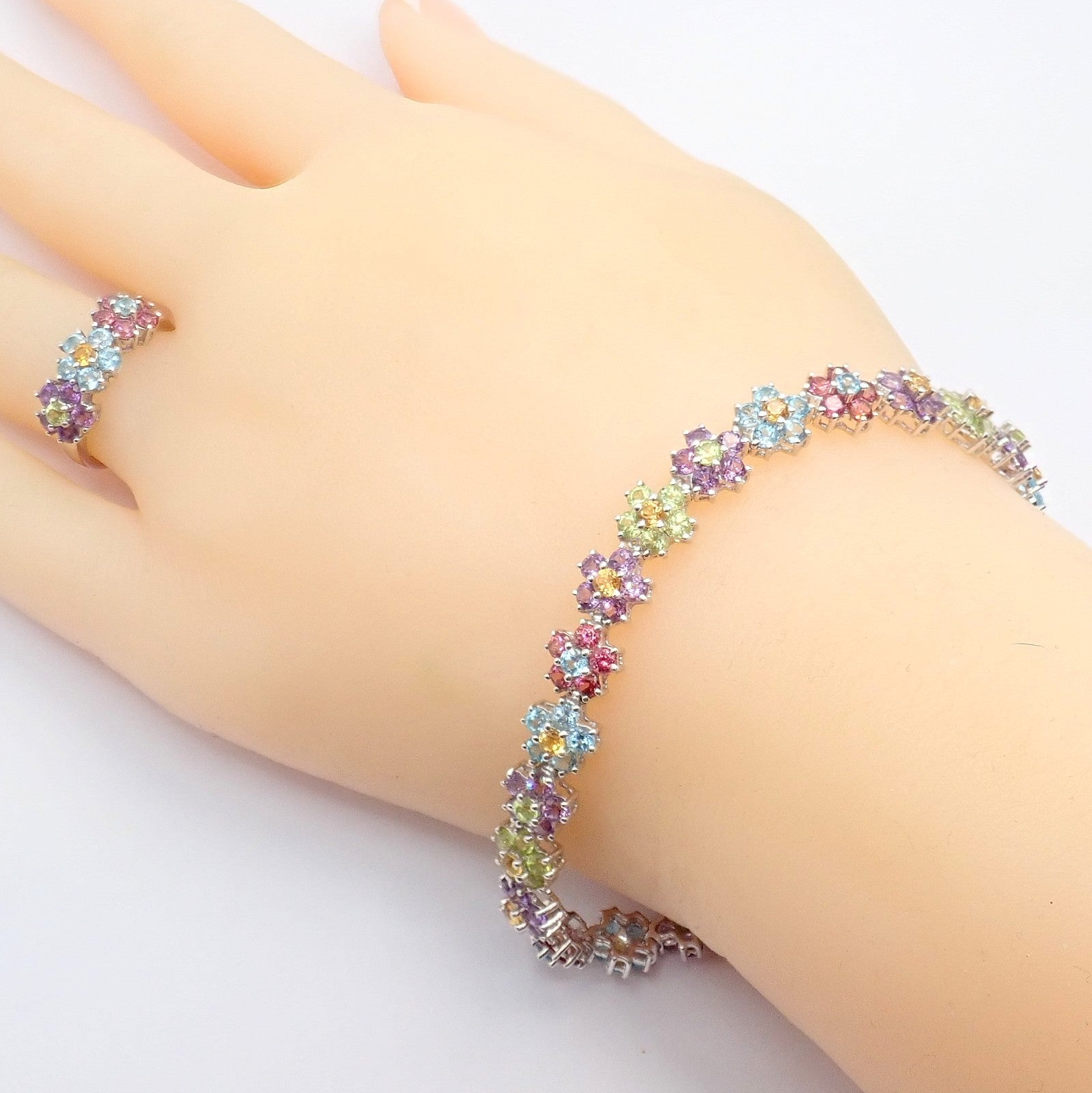 Estate 18k White Gold Color Stone Flower Necklace Ring Bracelet Earrings Set 52g | Fortrove