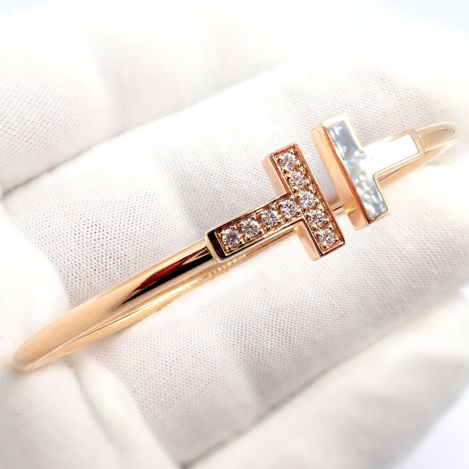 Tiffany & Co. Jewelry & Watches:Fine Jewelry:Bracelets & Charms Authentic! Tiffany & Co 18k Rose Gold Diamond T Wire Mother of Pearl Bracelet