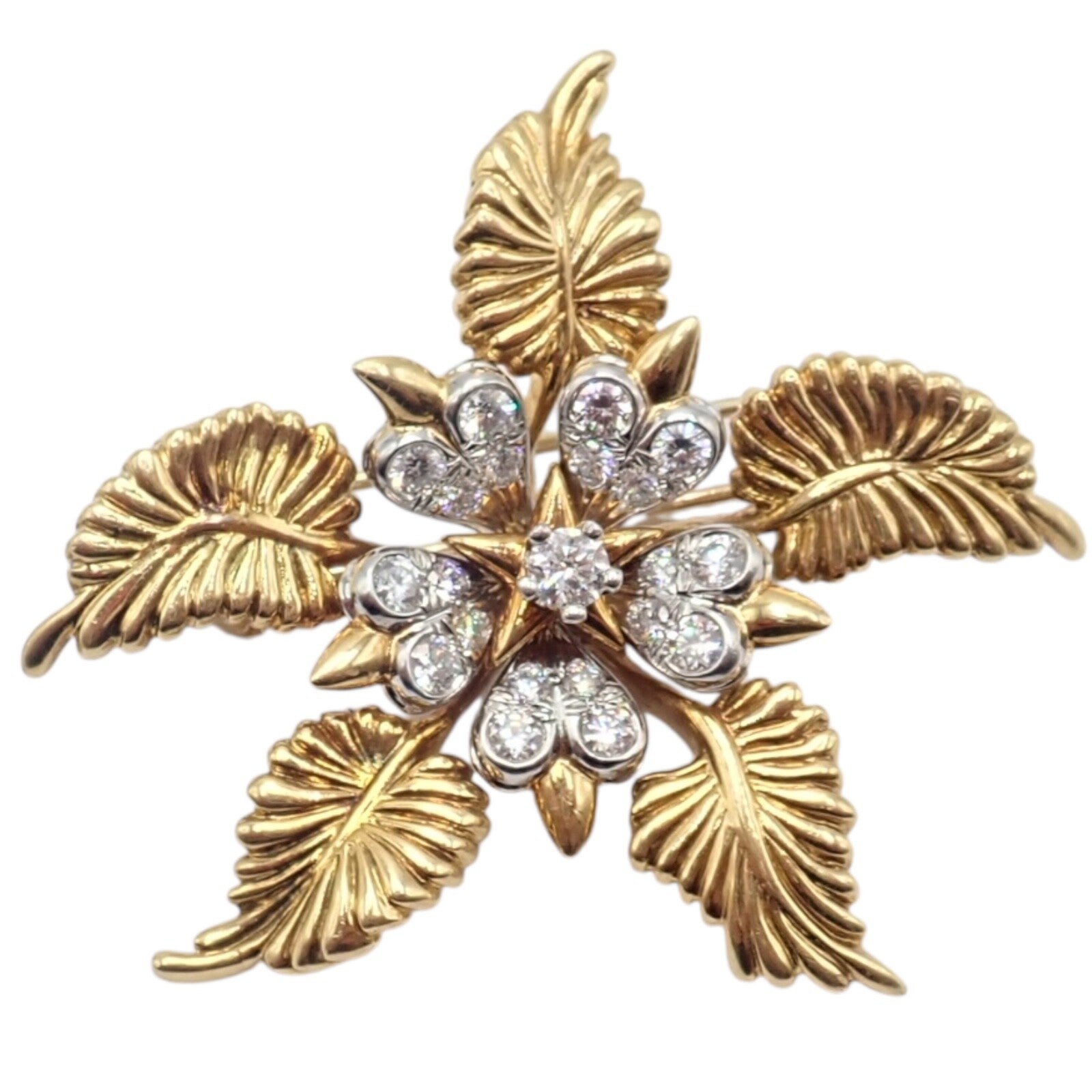 Tiffany & Co Schlumberger 18k Yellow Gold Platinum Diamond 5 Leaf Pin Brooch | Fortrove