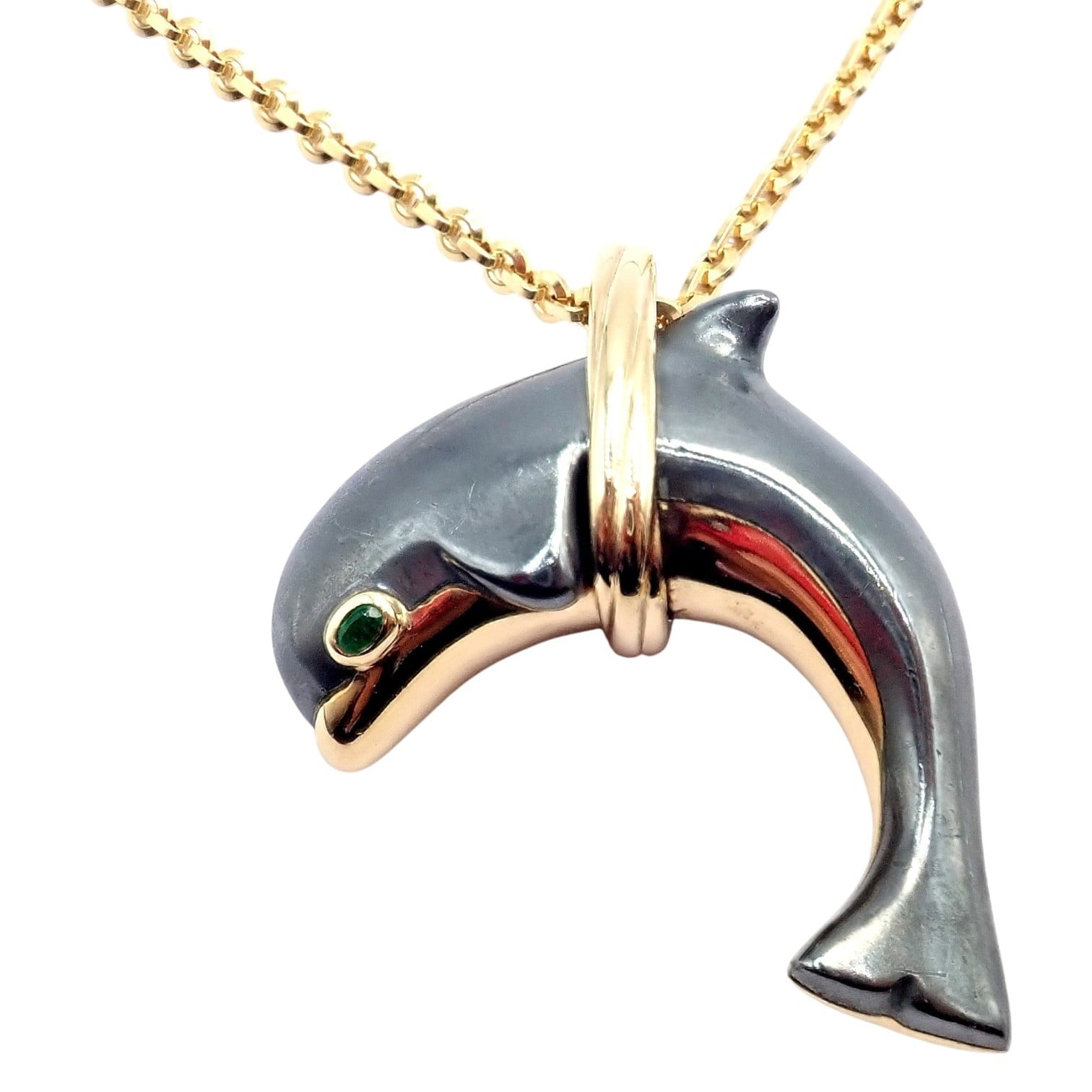 Cartier Jewelry & Watches:Fine Jewelry:Necklaces & Pendants Rare! Authentic Cartier 18k Yellow Gold Hematite Dolphin Pendant Link Necklace