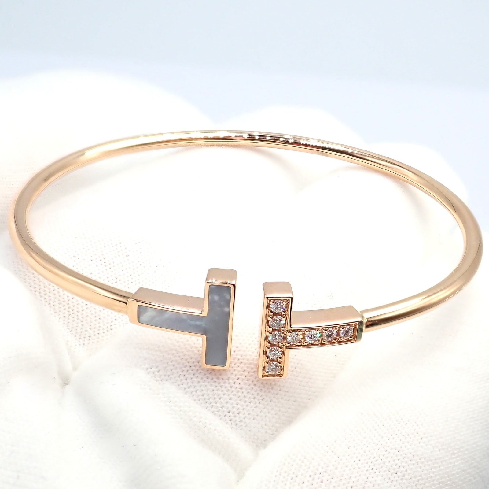 Tiffany & Co. Jewelry & Watches:Fine Jewelry:Bracelets & Charms Authentic! Tiffany & Co 18k Rose Gold Diamond T Wire Mother of Pearl Bracelet