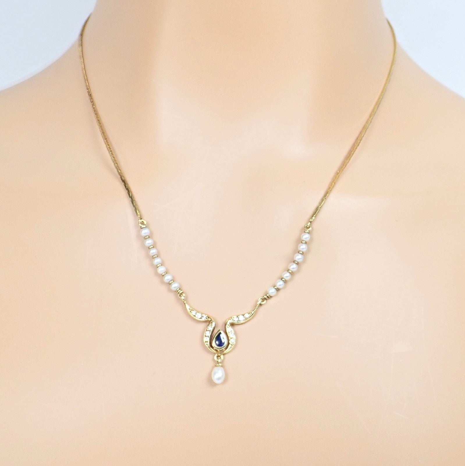 Rare Authentic H. Stern 18k Yellow Gold Diamond Sapphire Teardrop Pearl Necklace | Fortrove