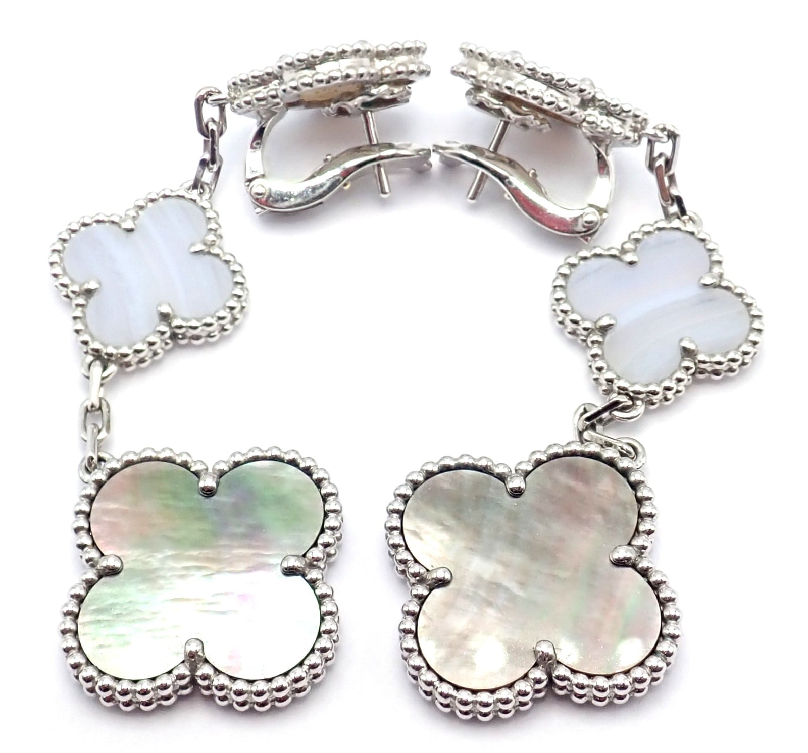 Van Cleef & Arpels Jewelry & Watches:Fine Jewelry:Earrings Van Cleef & Arpels 18k White Gold Magic Alhambra MOP Chalcedony Earrings Cert.