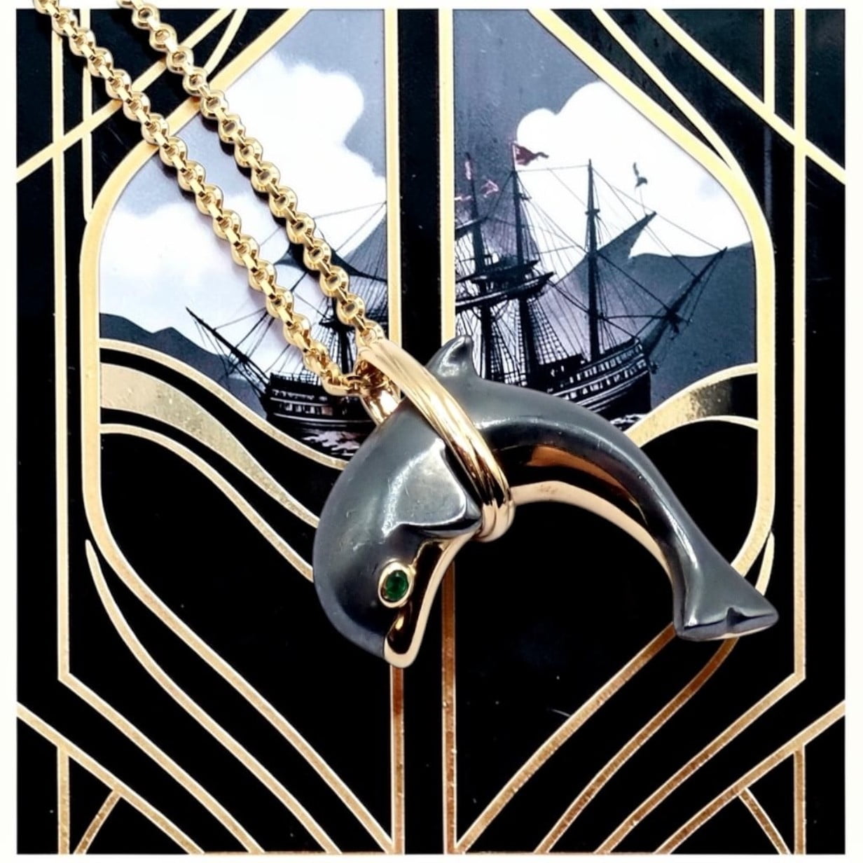 Cartier Jewelry & Watches:Fine Jewelry:Necklaces & Pendants Rare! Authentic Cartier 18k Yellow Gold Hematite Dolphin Pendant Link Necklace