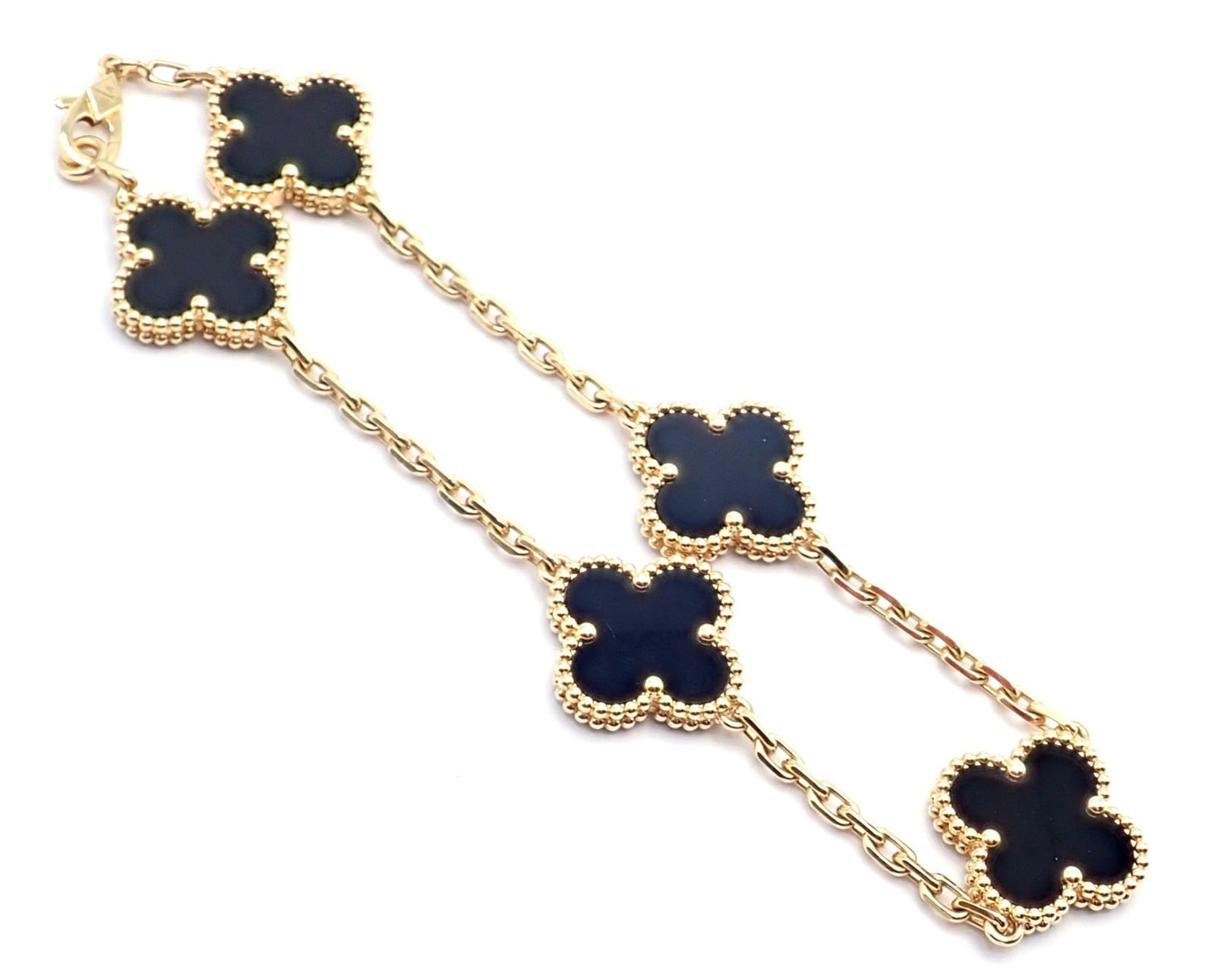 Authentic! Van Cleef & Arpels 18k Yellow Gold 5 Motif Onyx Alhambra Bracelet | Fortrove