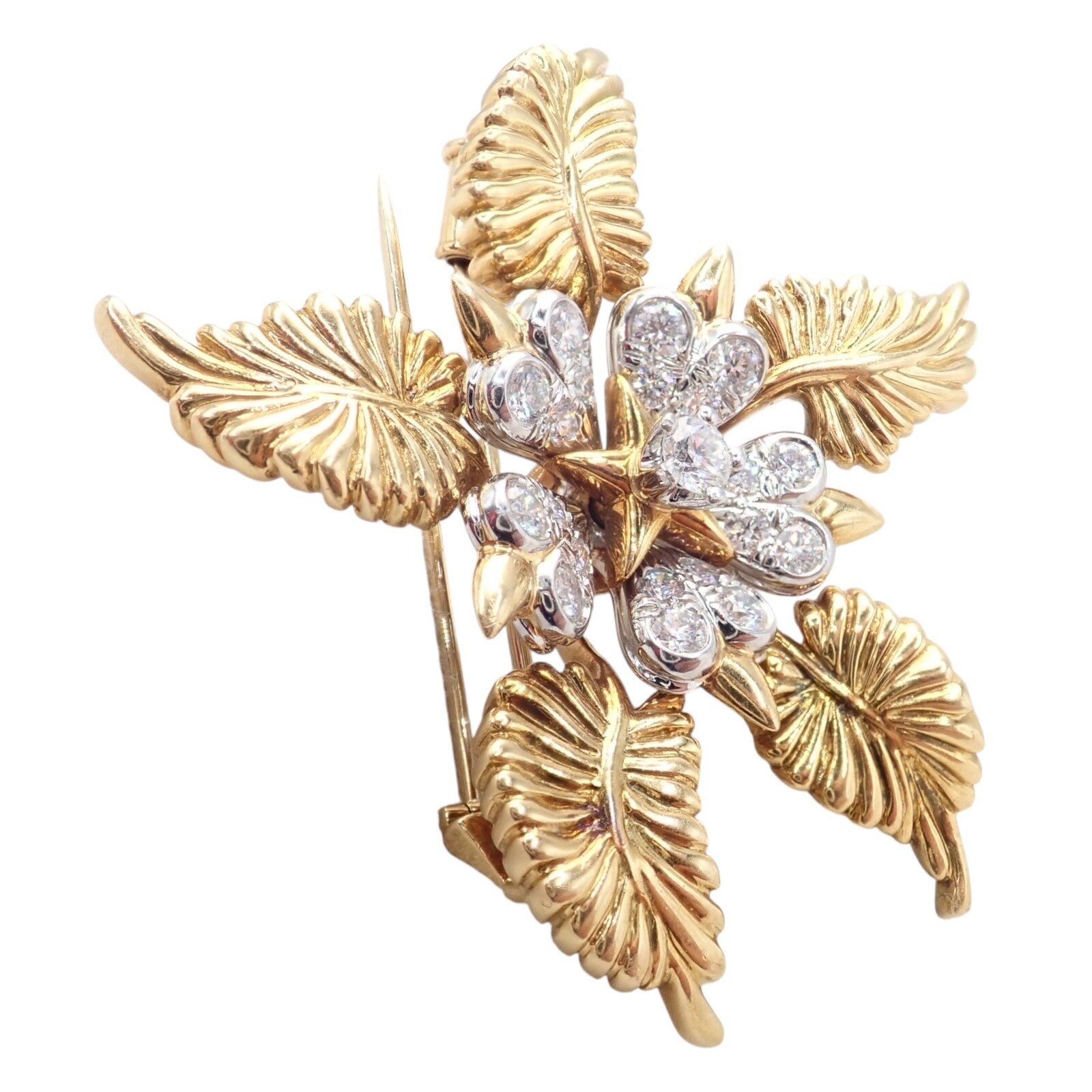 Tiffany & Co Schlumberger 18k Yellow Gold Platinum Diamond 5 Leaf Pin Brooch | Fortrove