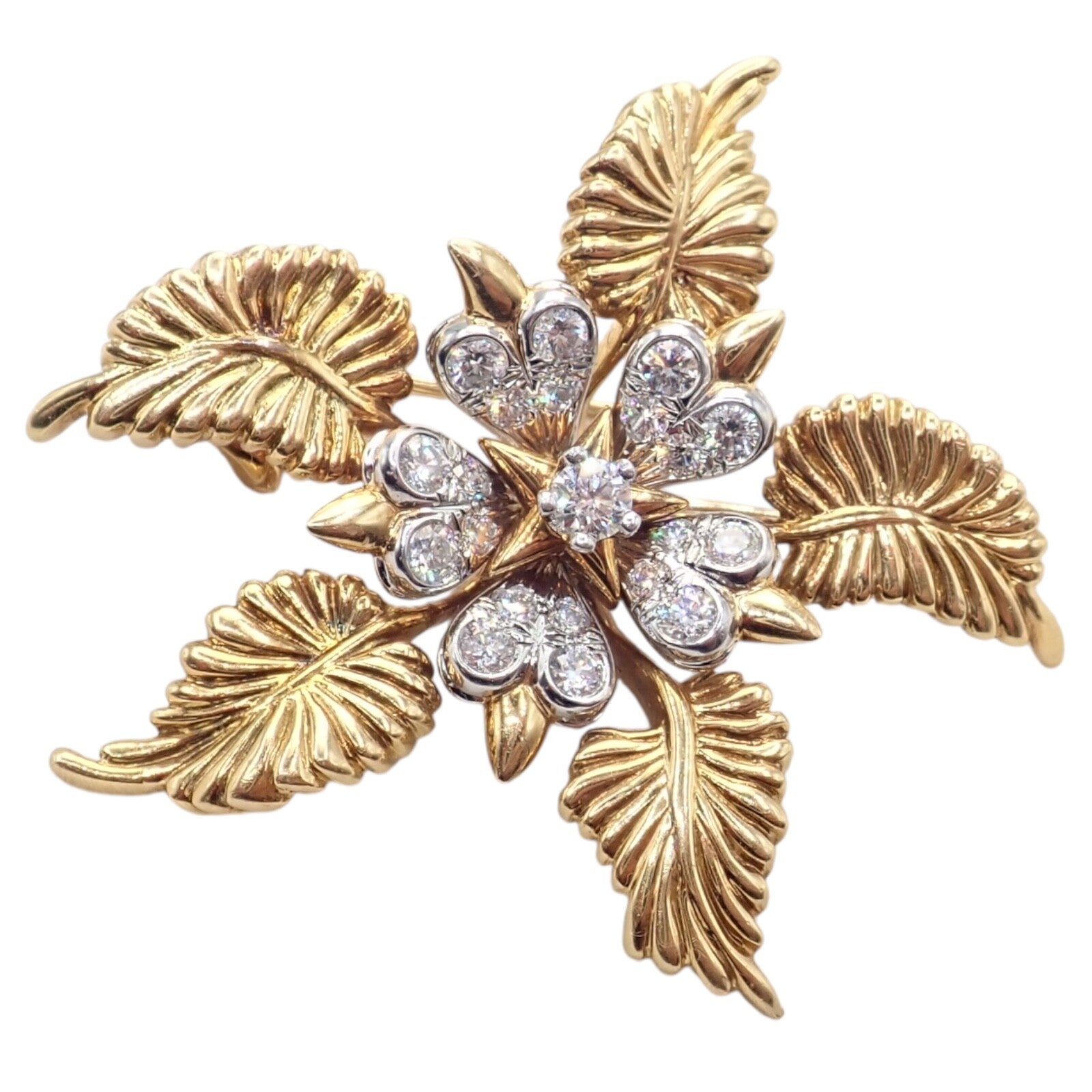 Tiffany & Co Schlumberger 18k Yellow Gold Platinum Diamond 5 Leaf Pin Brooch | Fortrove