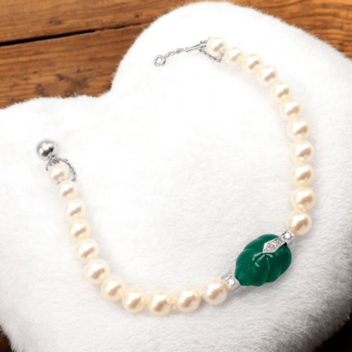 Authentic! Cartier 18k White Gold 7mm Pearl Diamond Chalcedony Patiala Bracelet | Fortrove