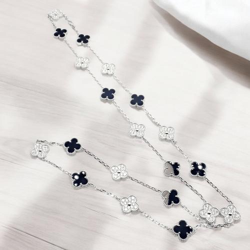 Van Cleef & Arpels 18k Gold 20 Motif Vintage Alhambra Diamond Onyx Necklace Cert | Fortrove