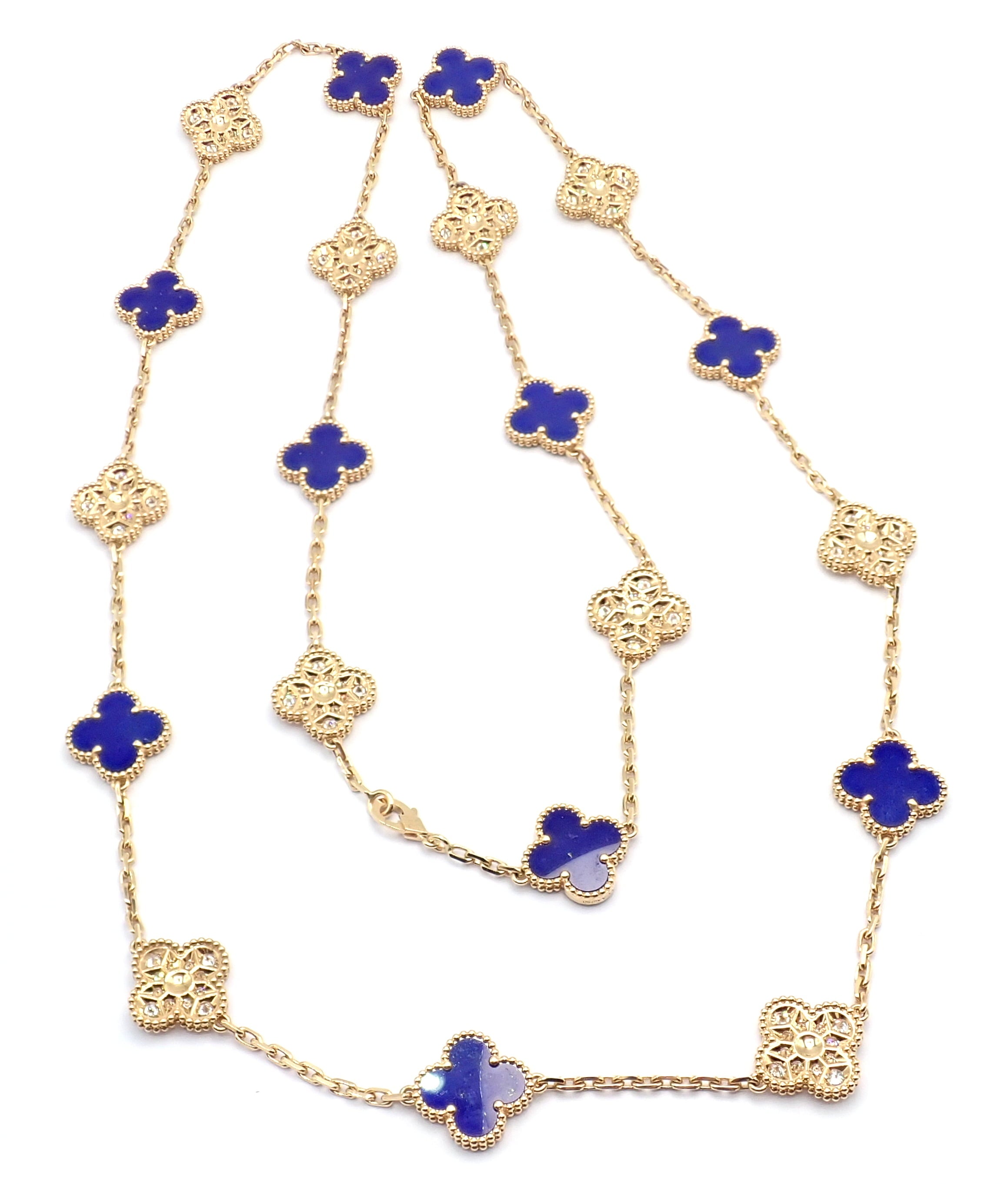 Van Cleef & Arpels Jewelry & Watches:Fine Jewelry:Necklaces & Pendants Van Cleef & Arpels 18k Yellow Gold 20 Motif Alhambra Diamond Lapis Necklace