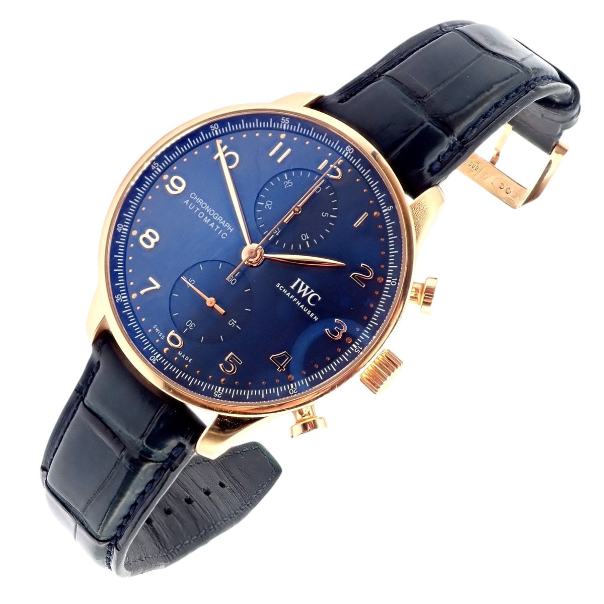 IWC Jewelry & Watches:Watches, Parts & Accessories:Watches:Wristwatches IWC 18k Rose Gold Portugieser Chronograph Navy Blue Skeleton Back Watch IW371614