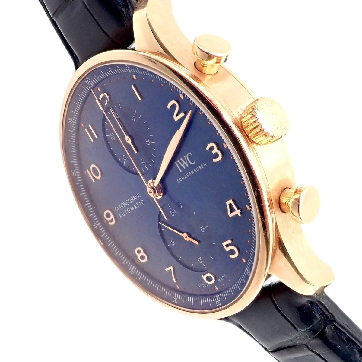 IWC Jewelry & Watches:Watches, Parts & Accessories:Watches:Wristwatches IWC 18k Rose Gold Portugieser Chronograph Navy Blue Skeleton Back Watch IW371614
