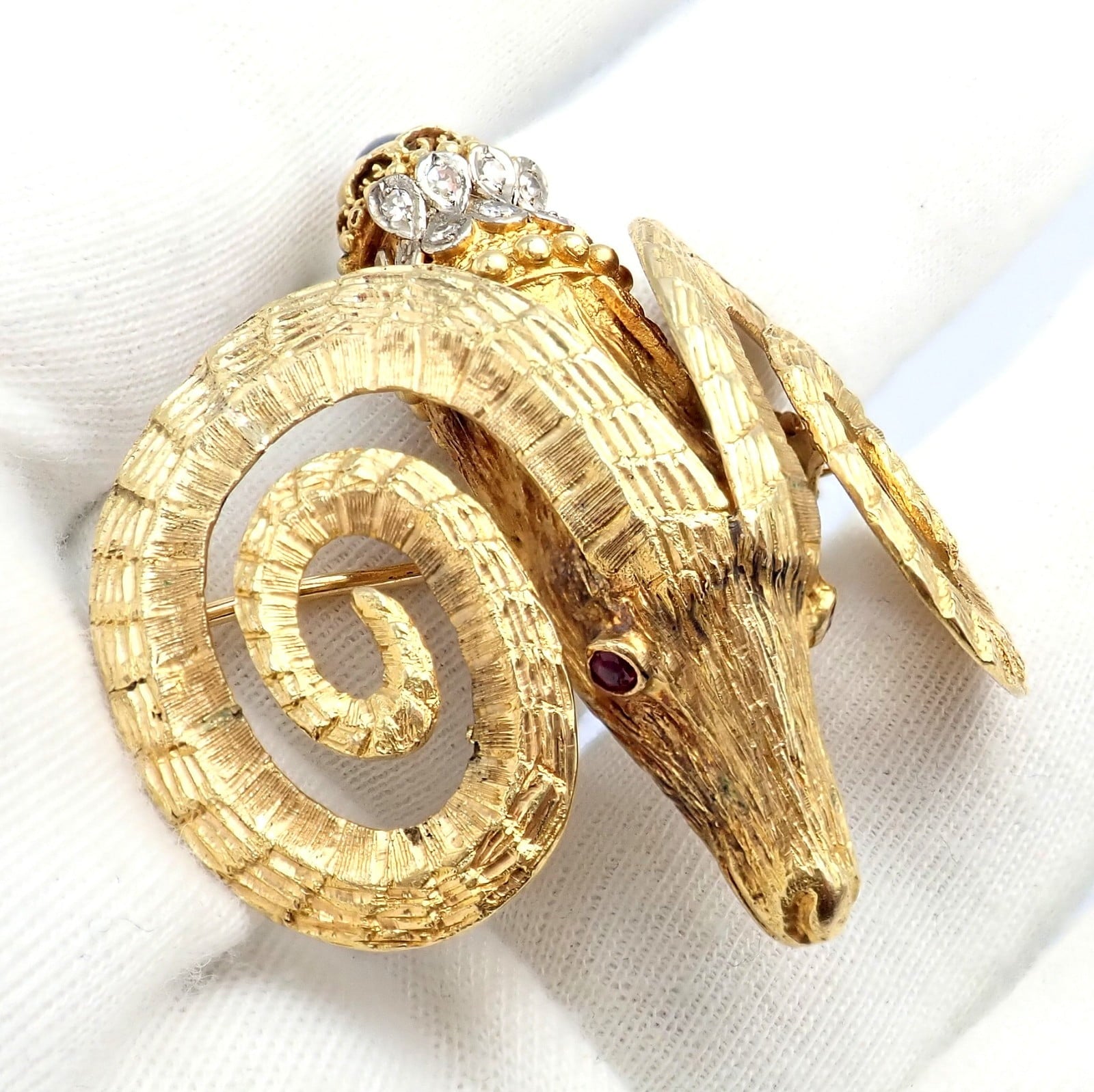 Ilias Lalalounis Jewelry & Watches:Fine Jewelry:Brooches & Pins Rare Ilias Lalaounis 18k Yellow Gold Ram Ares Diamond Ruby Sapphire Large Brooch
