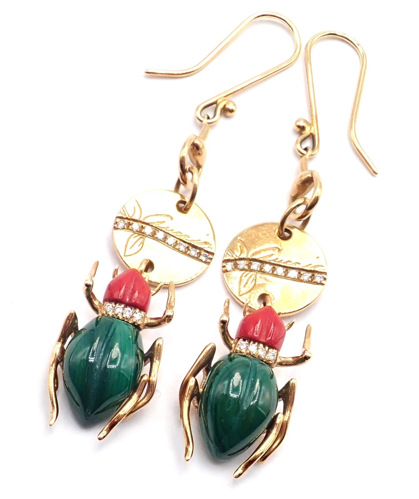 Authentic! Gucci 18k Yellow Gold Diamond Malachite Carnelian Scarab Earrings | Fortrove