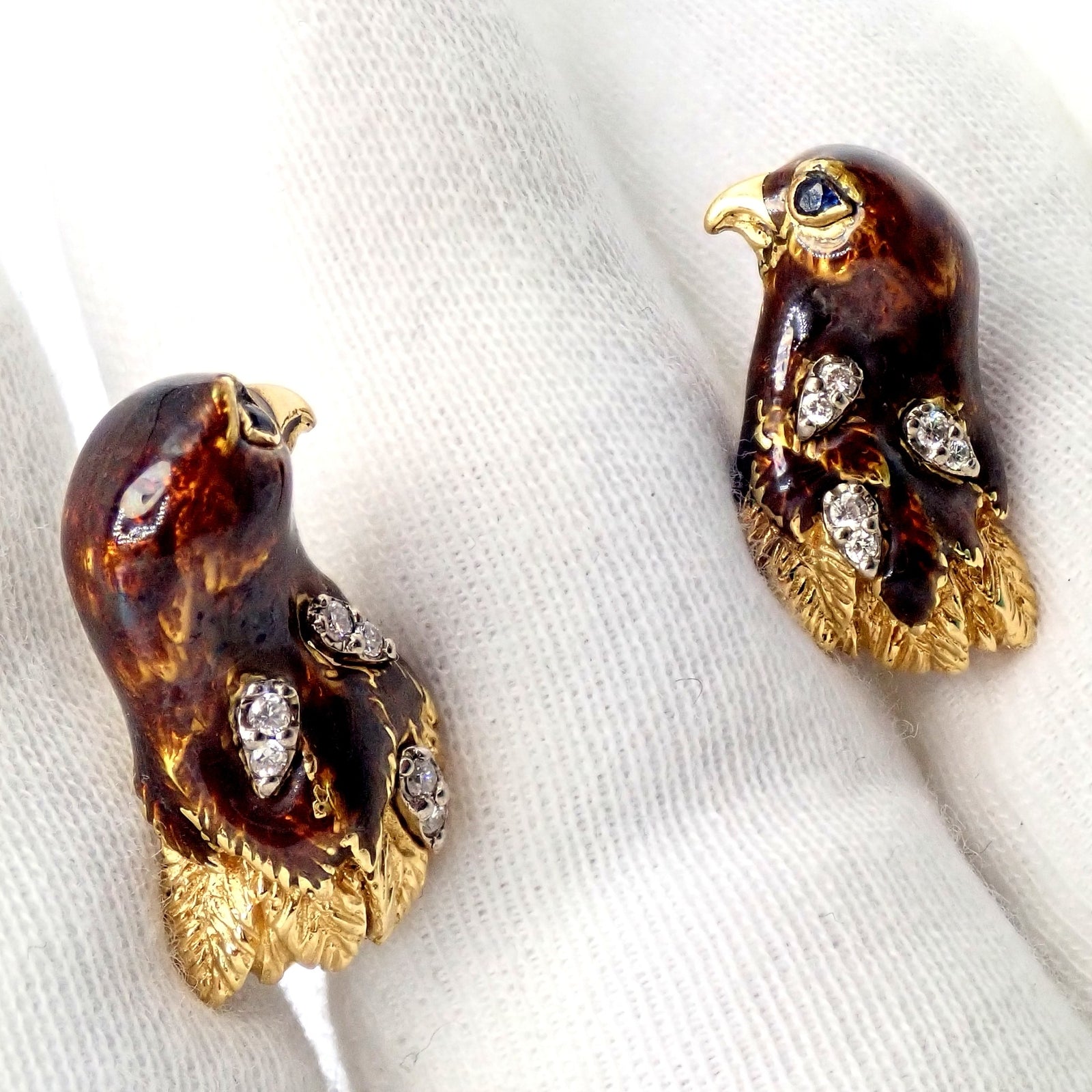Vintage Tiffany & Co. 18k Yellow Gold Diamond Enamel Falcon Eagle Bird Cufflinks | Fortrove
