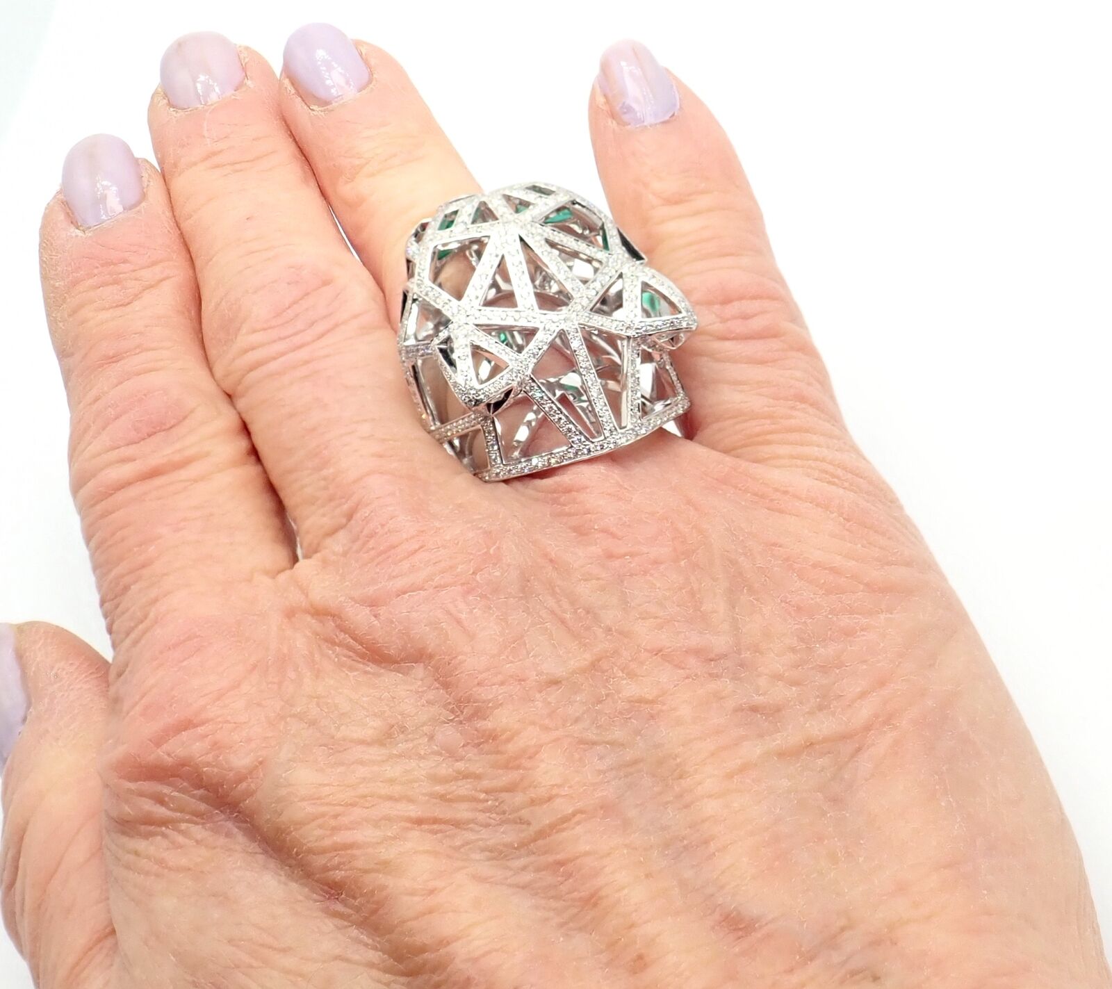 Cartier Panther Panthere 18k White Gold Emerald Diamond Paved Large Ring Size 54 | Fortrove