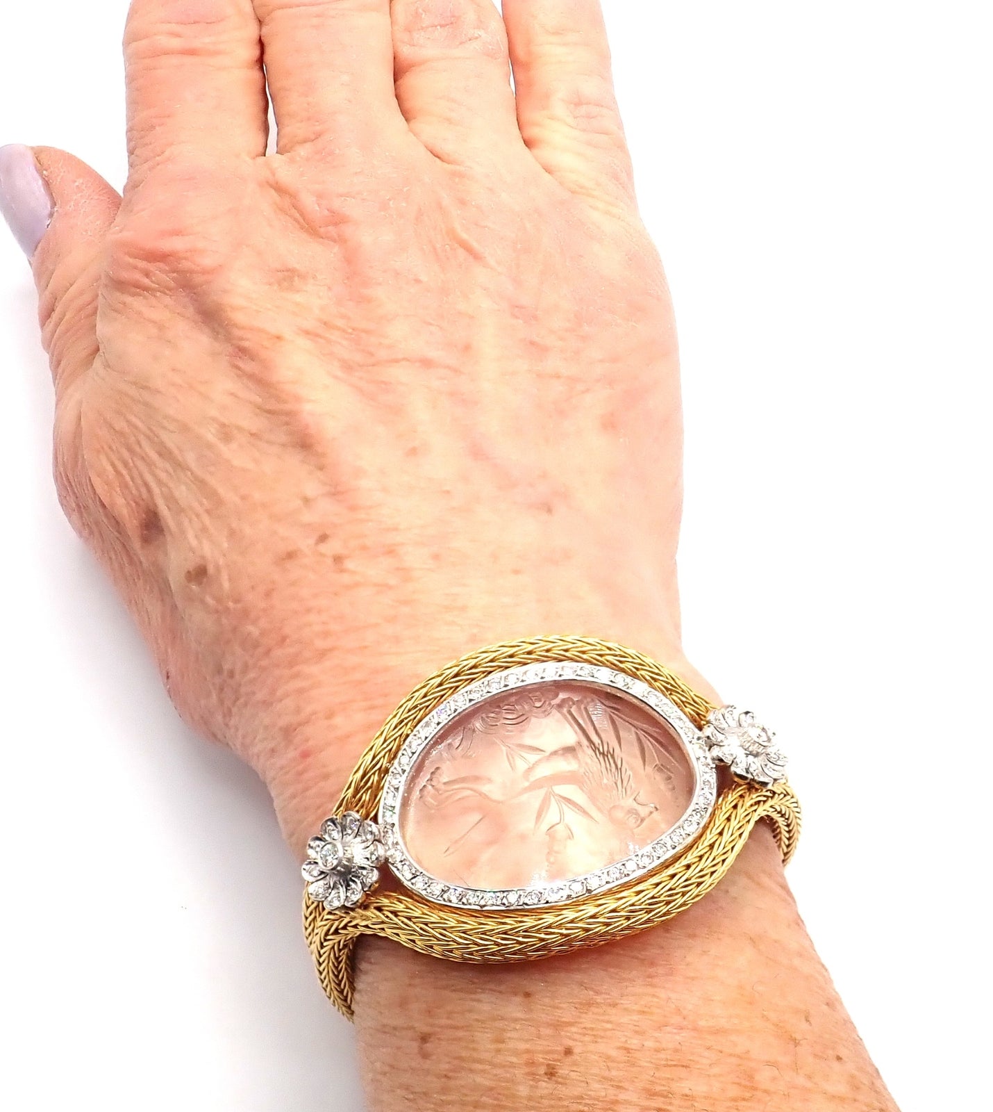 Authentic! Ilias Lalaounis 18k Yellow Gold Diamond Rock Crystal Bangle Bracelet | Fortrove