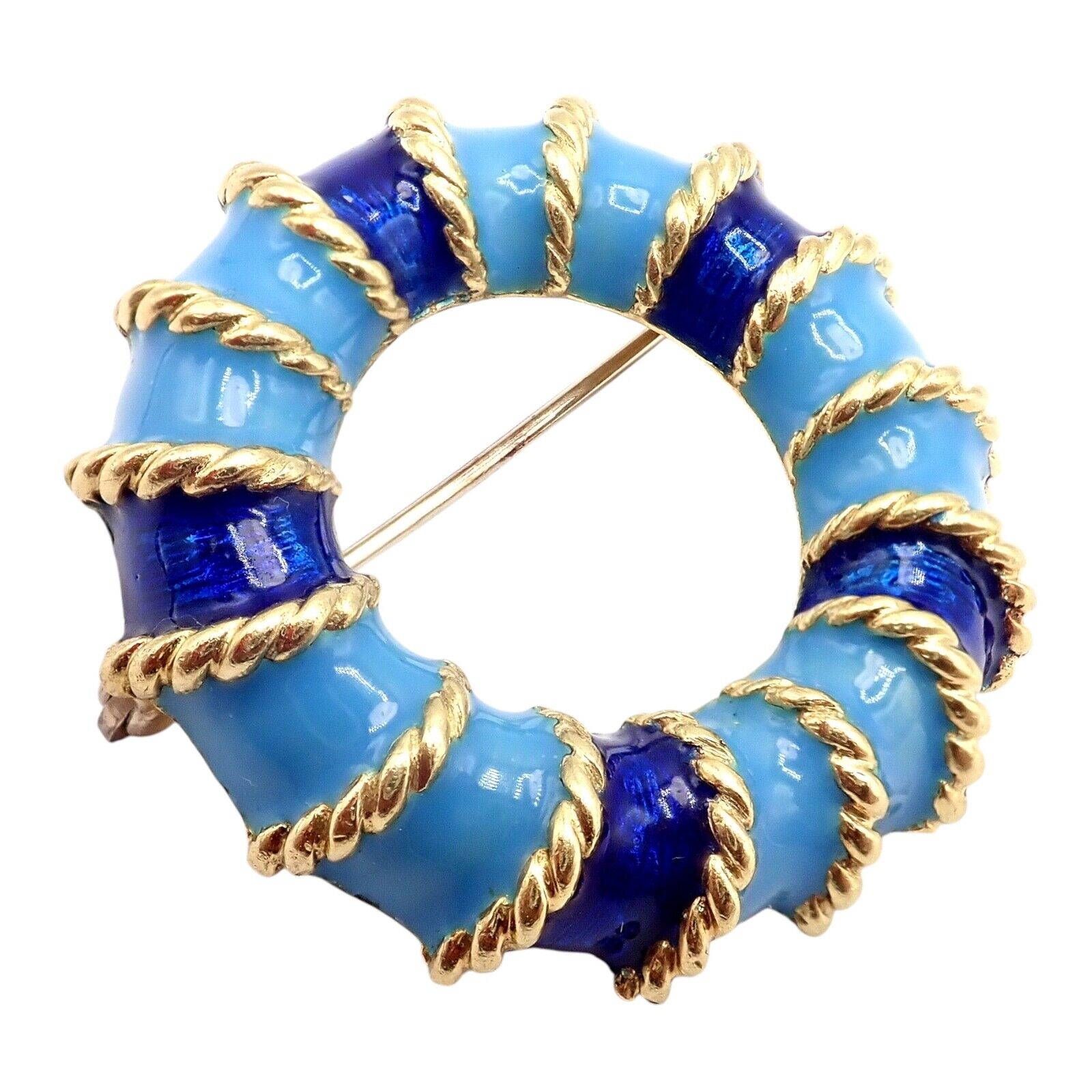 Rare! Vintage Tiffany & Co 18k Yellow Gold Blue Enamel Circle Rope Brooch Pin | Fortrove