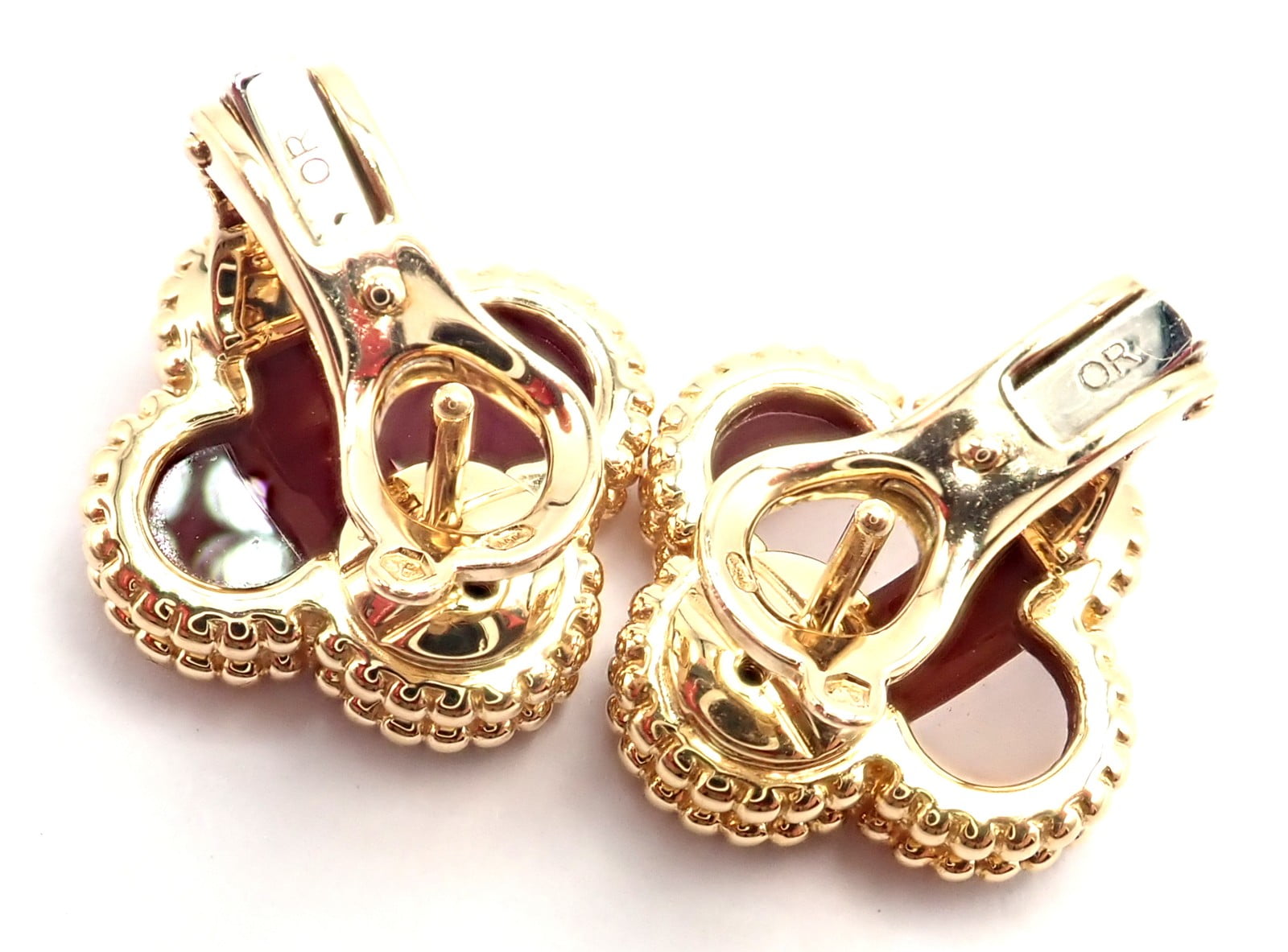 Van Cleef & Arpels Vintage Alhambra 18k Yellow Gold Red Agate Earrings Cert. | Fortrove