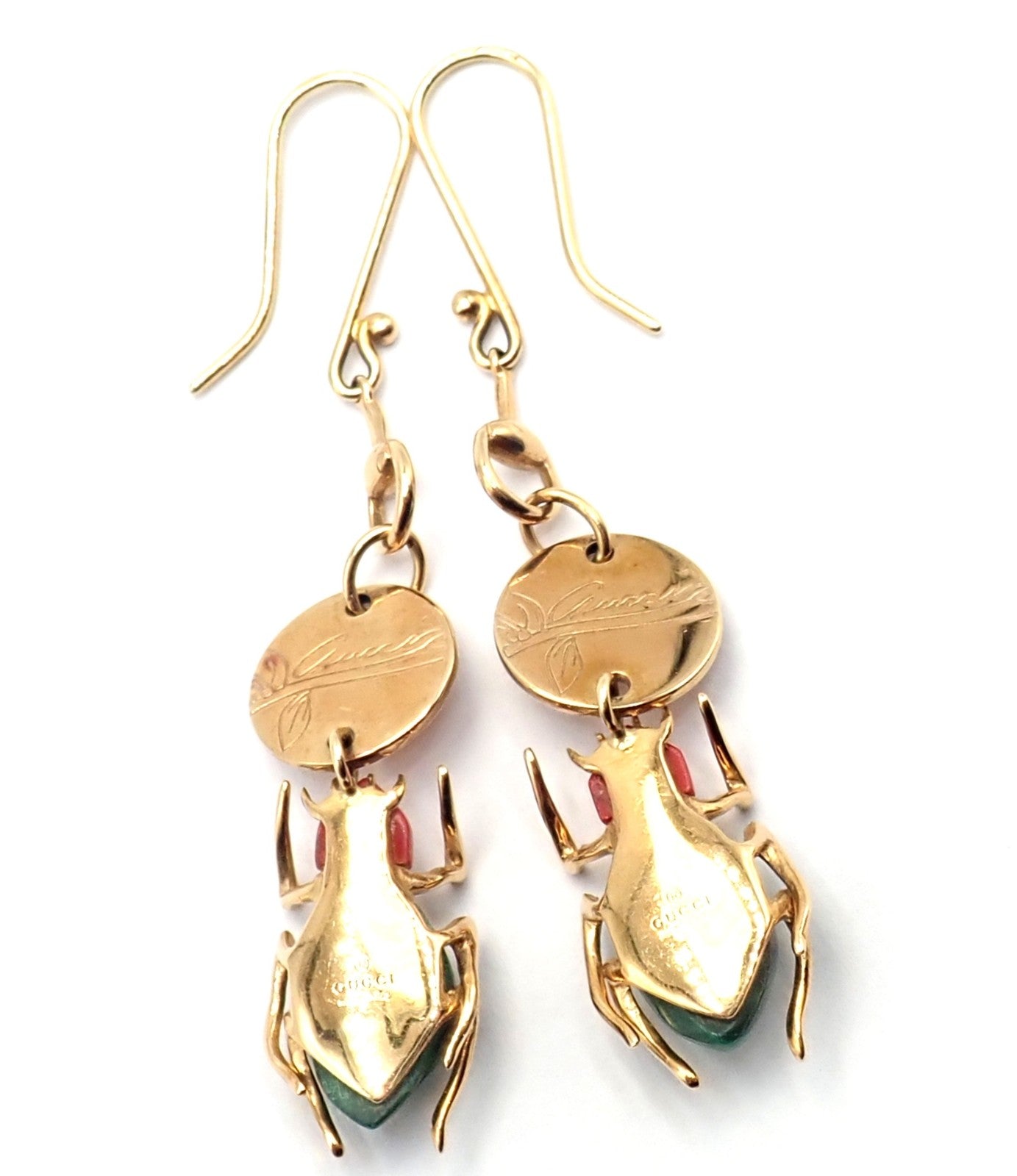 Authentic! Gucci 18k Yellow Gold Diamond Malachite Carnelian Scarab Earrings | Fortrove