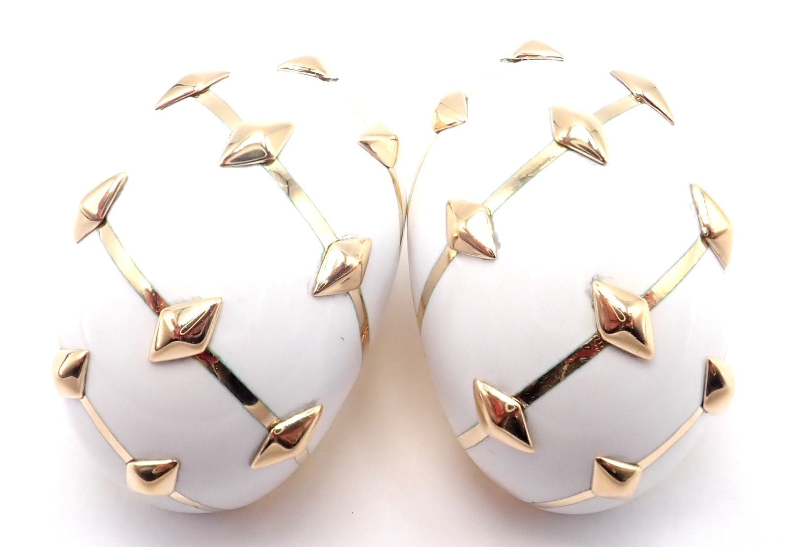 Tiffany & Co Schlumberger Dot Losange 18k Yellow Gold White Enamel Hoop Earrings | Fortrove