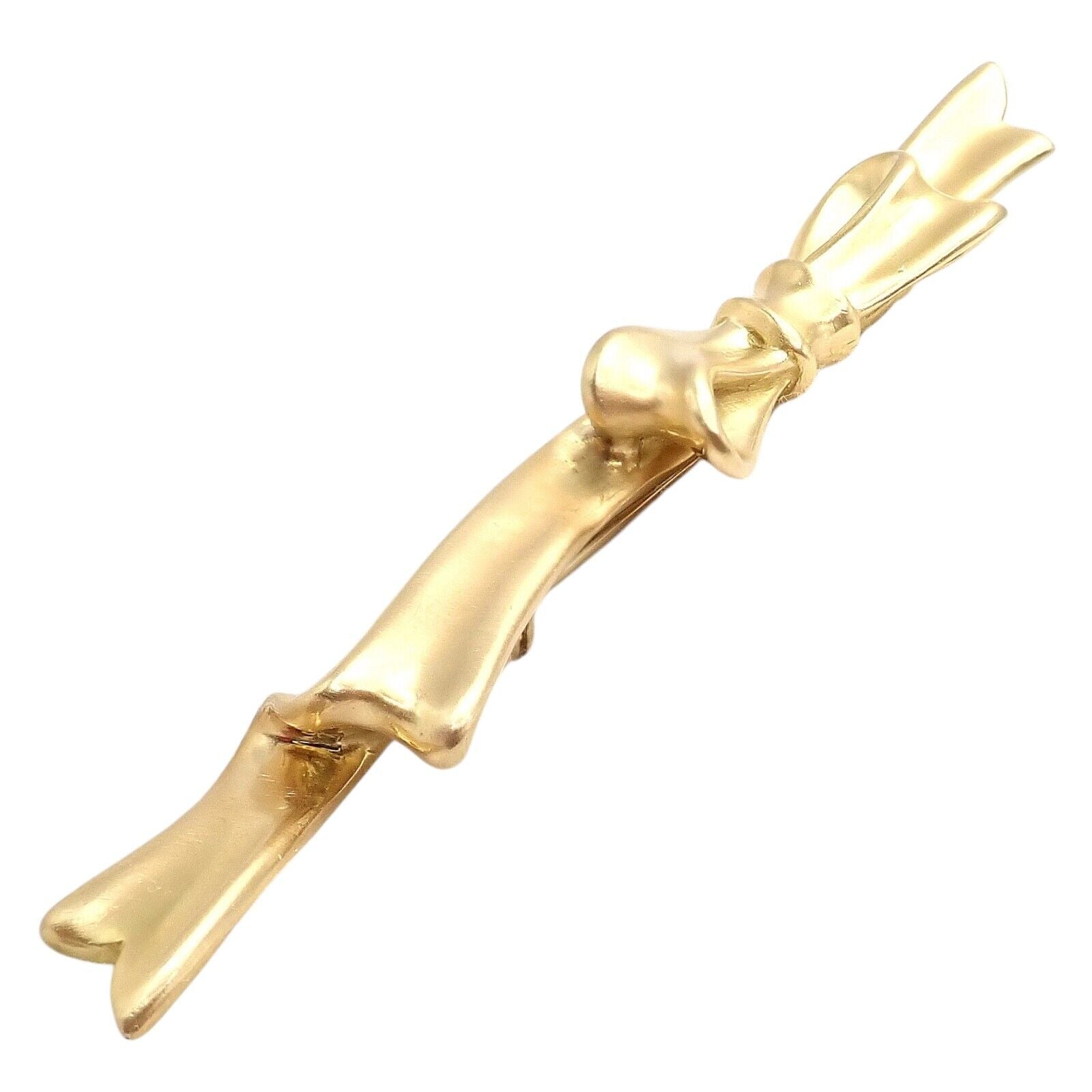 Authentic! Angela Cummings 18k Yellow Gold Long Ribbon Bow Pin Brooch 1984 | Fortrove