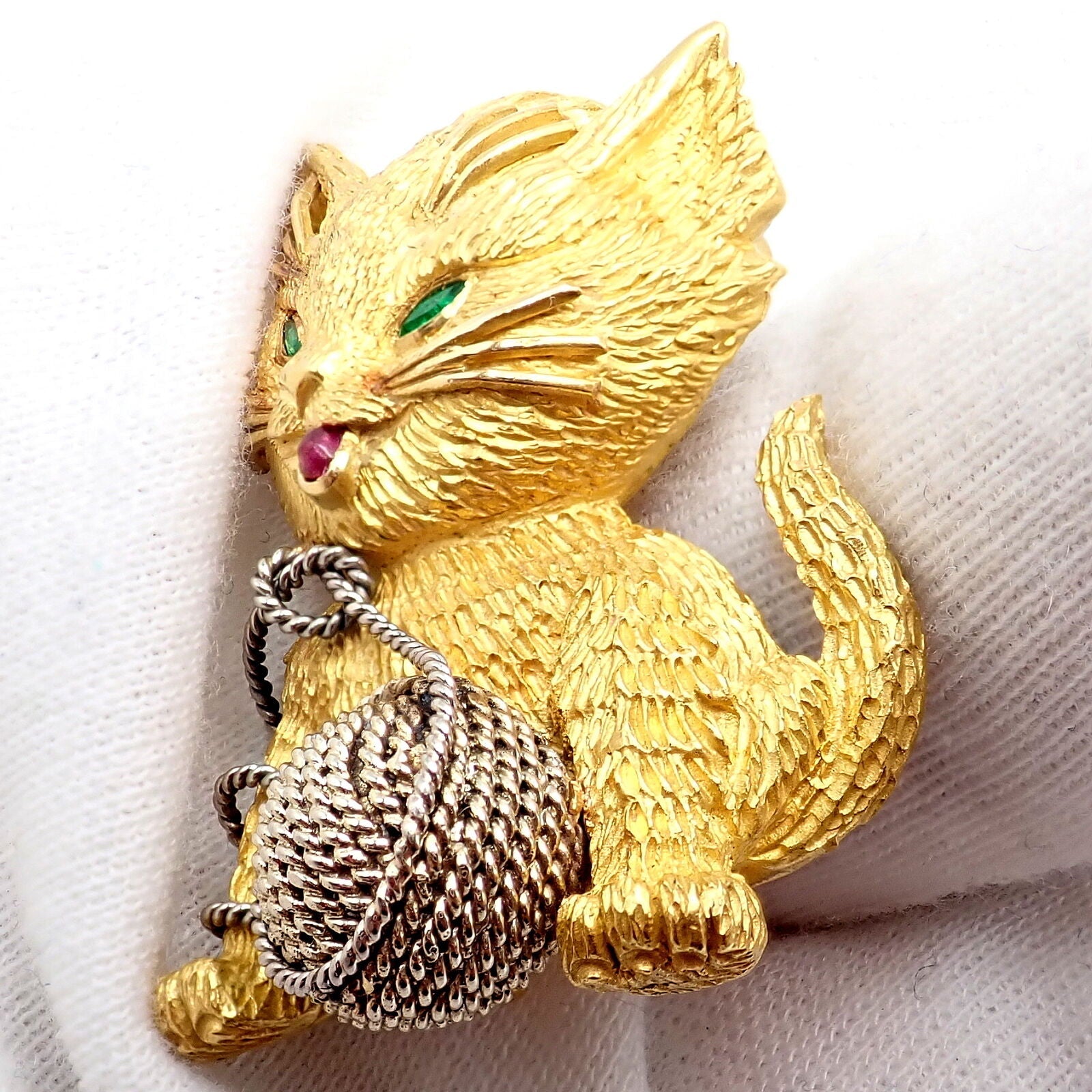 Vintage! Tiffany & Co. France 20k Yellow Gold Ruby Emerald Cat Yarn Pin Brooch | Fortrove