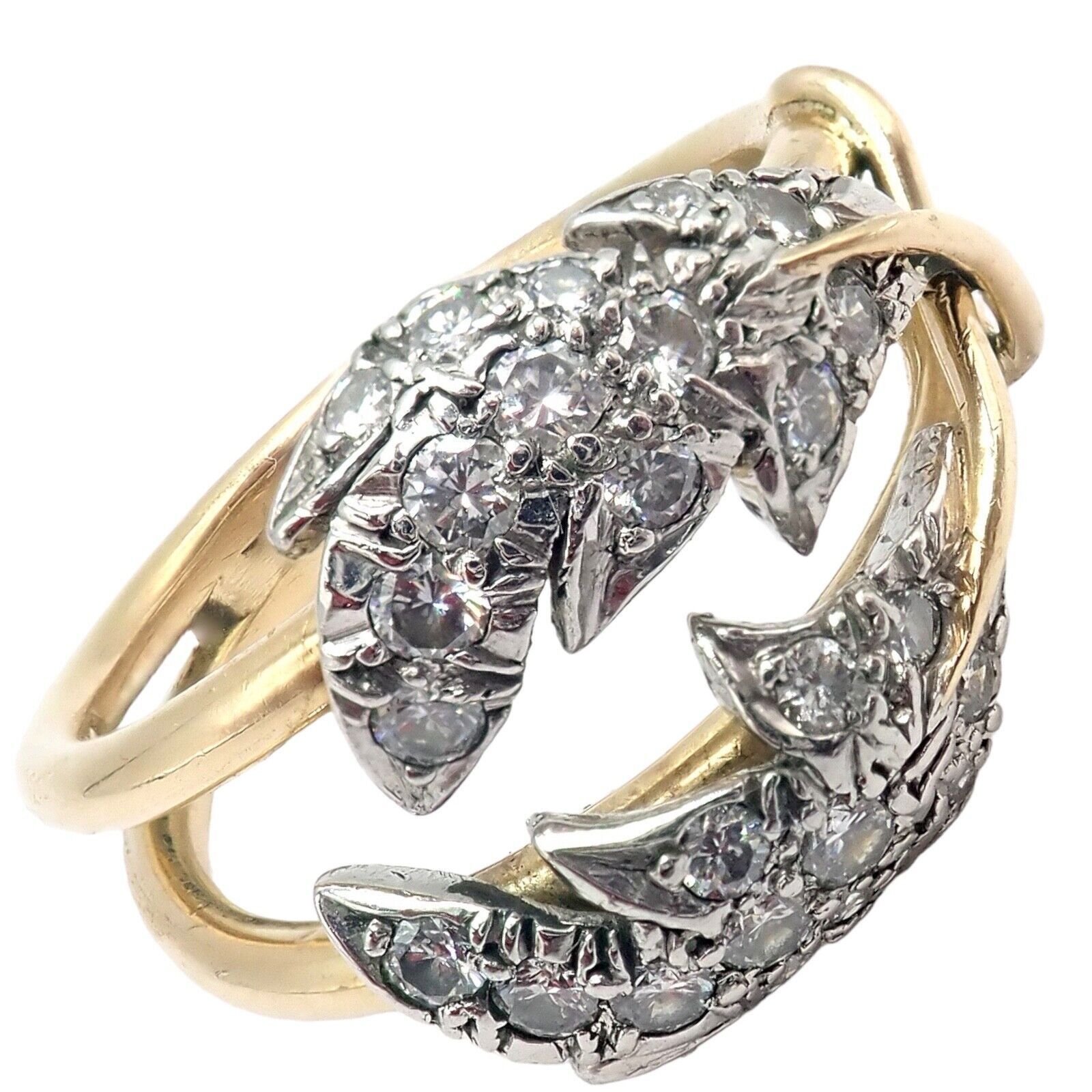 Authentic! Tiffany & Co. Schlumberger Diamond Yellow Gold Platinum Two Leaf Ring | Fortrove